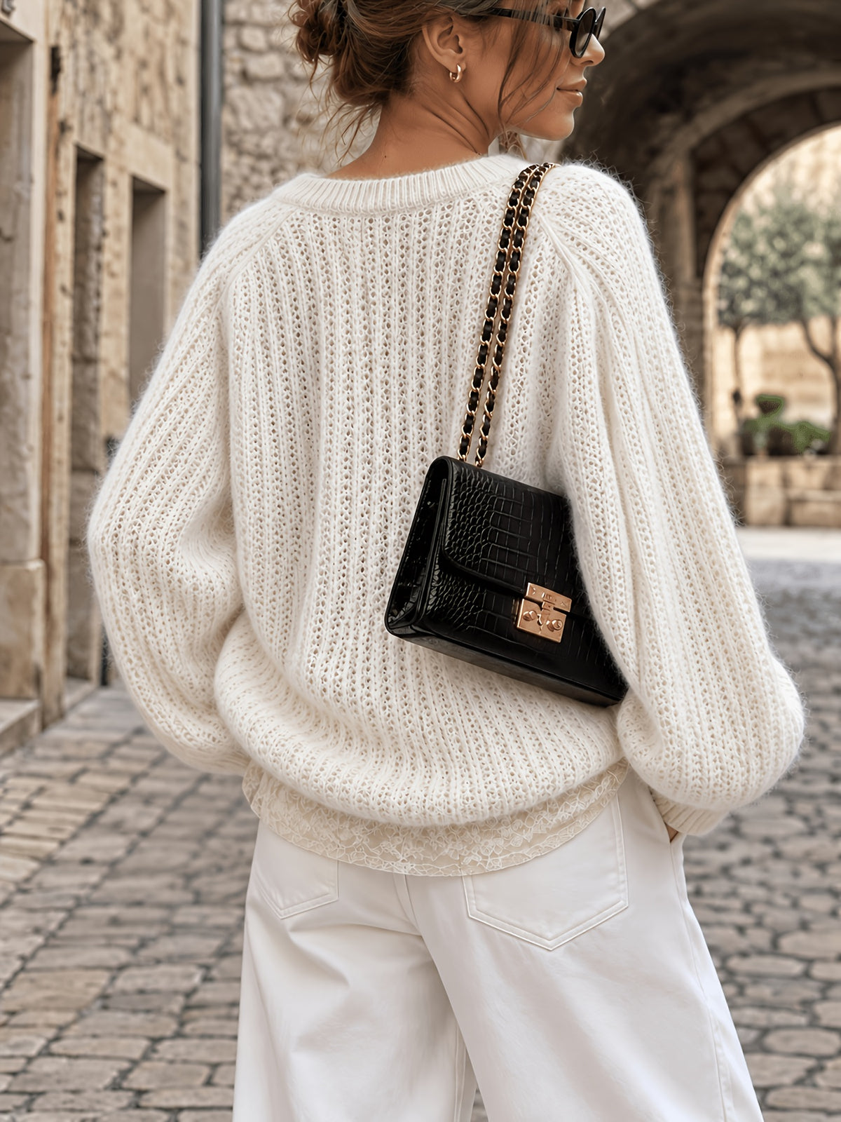 Chunky V-Neck Lantern Sleeve Sweater