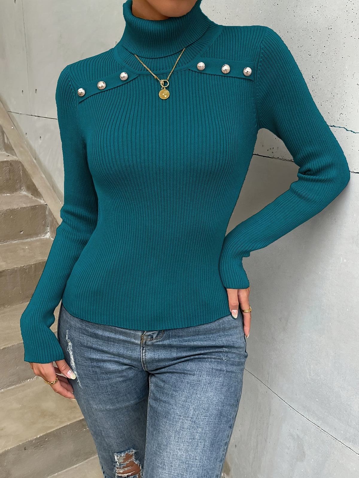 Button Shoulder Ribbed Turtleneck Sweater