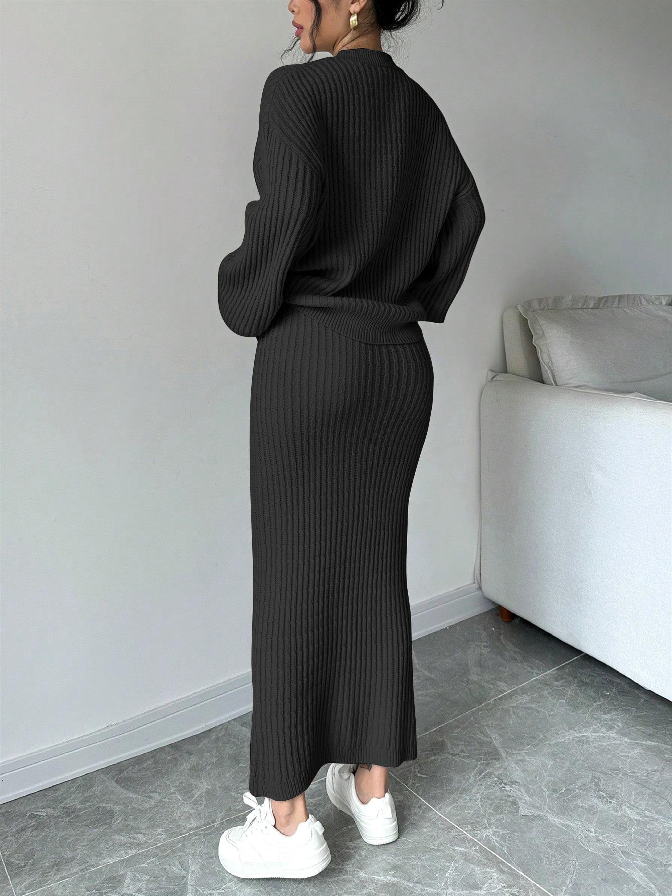 JOYSONS V-neck cardigan and high-waist knit skirt set
