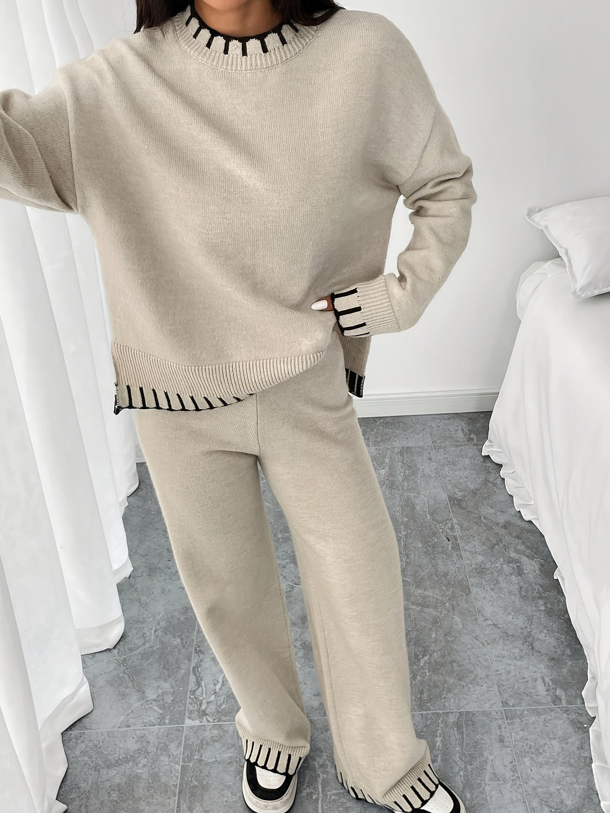Contrast Trim Sweater & Wide Pants Set