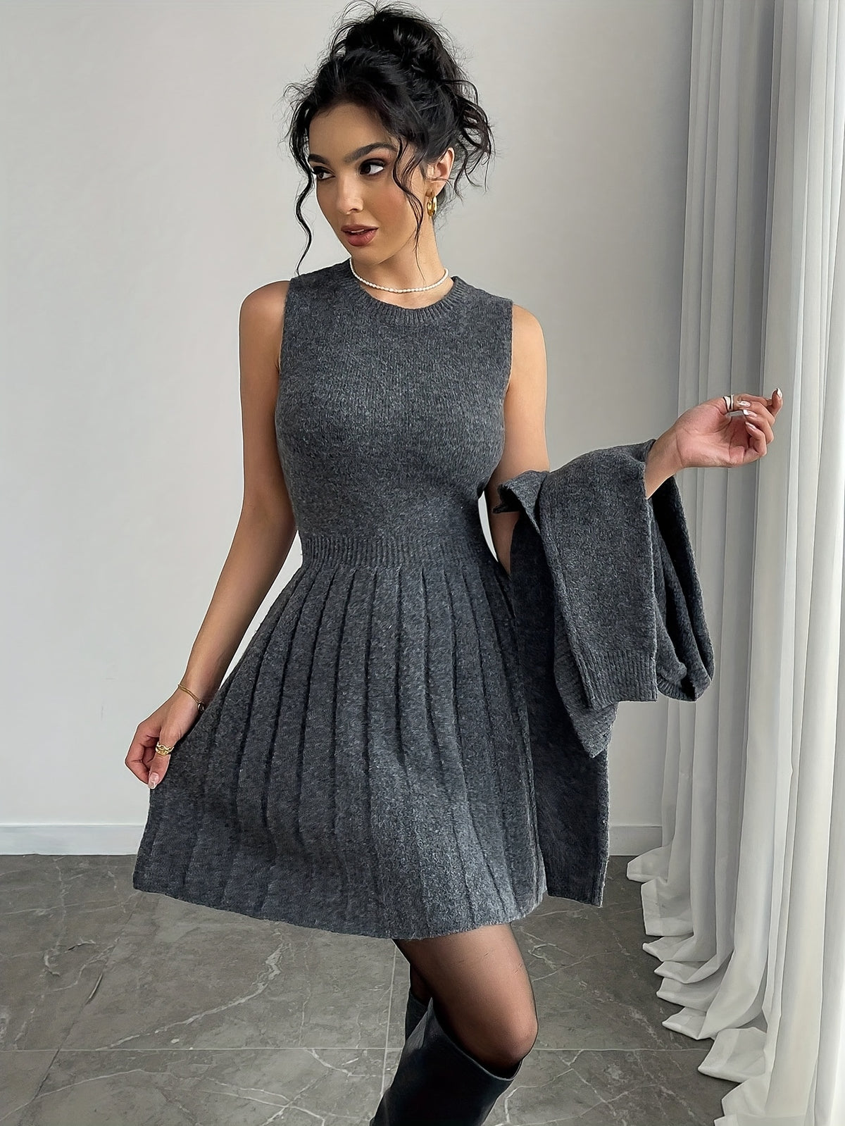 Cropped Cardigan & Pleated Knit Dress Set