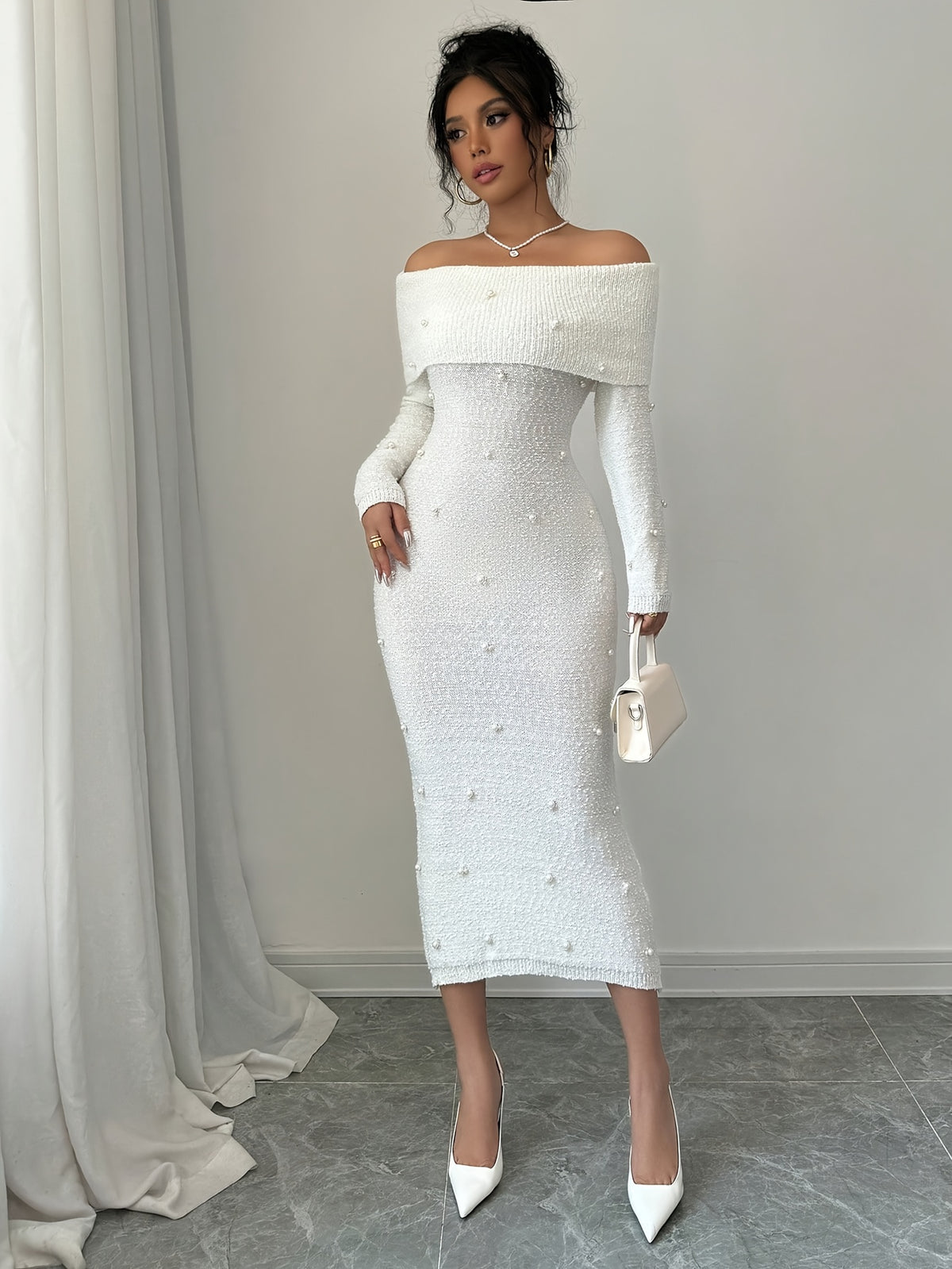 Pearl Embellished Off Shoulder Midi Dress