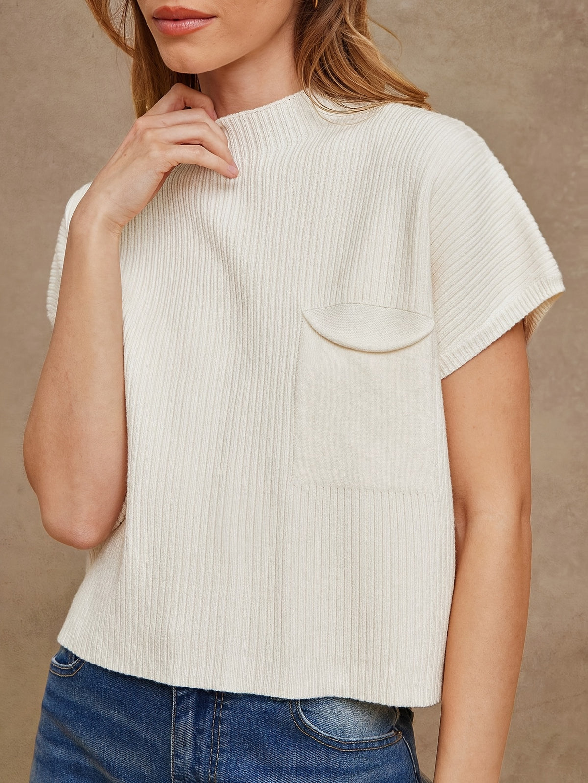 Ribbed Mock Neck Pocket Knit Tee