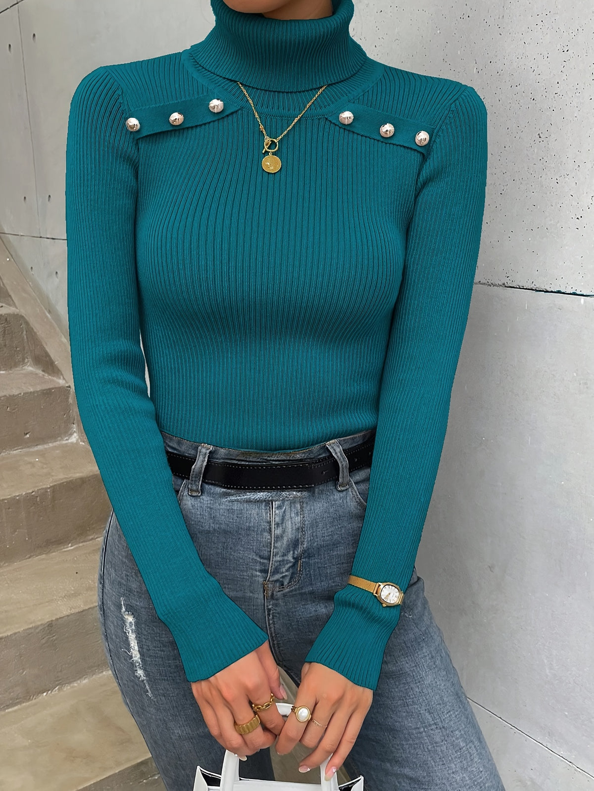 Button Shoulder Ribbed Turtleneck Sweater