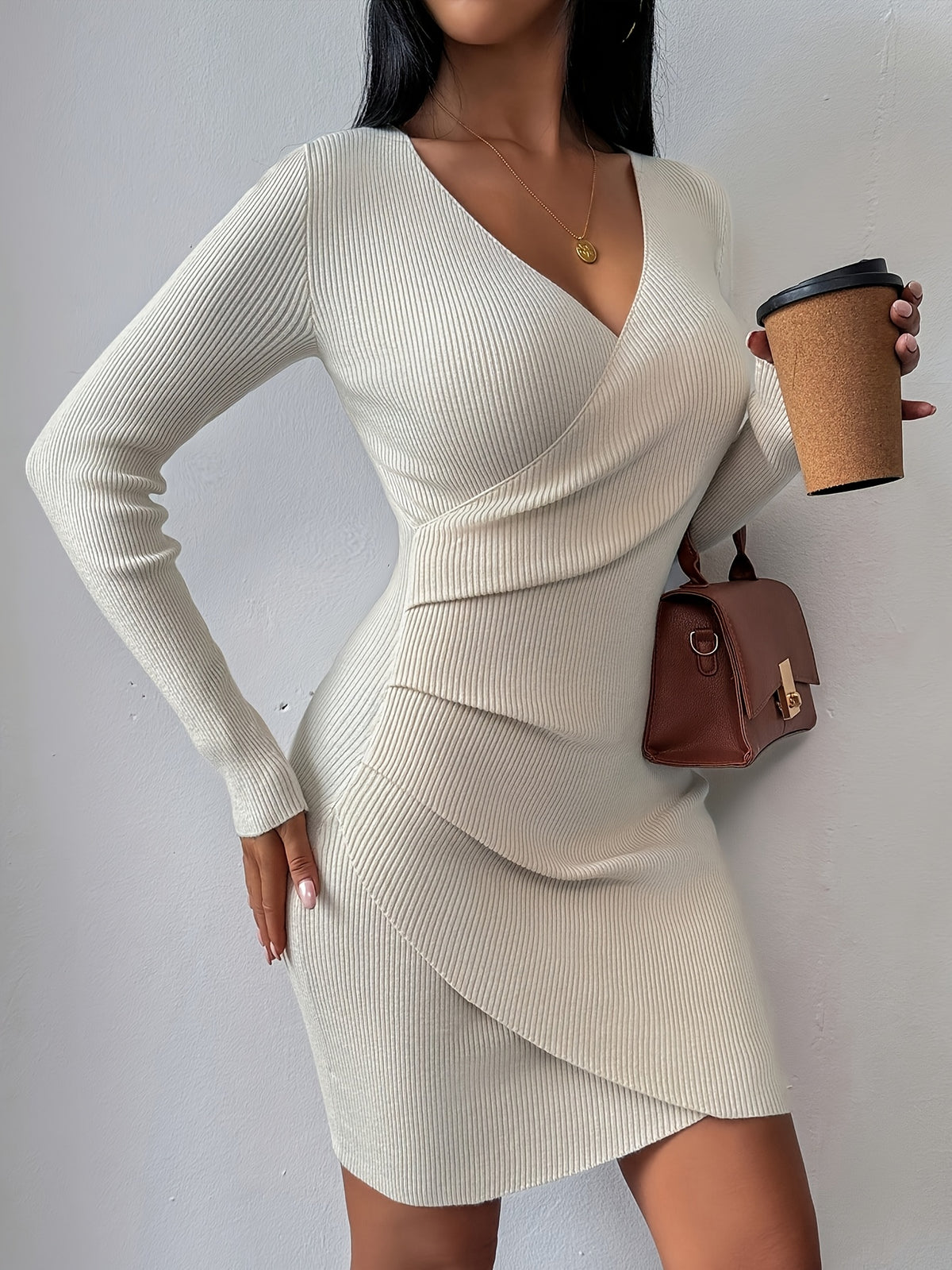 Ruched Wrap Front Knit Mini Dress