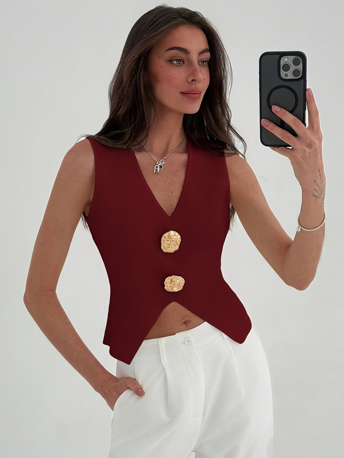 Gold Button V-Neck Sweater Vest