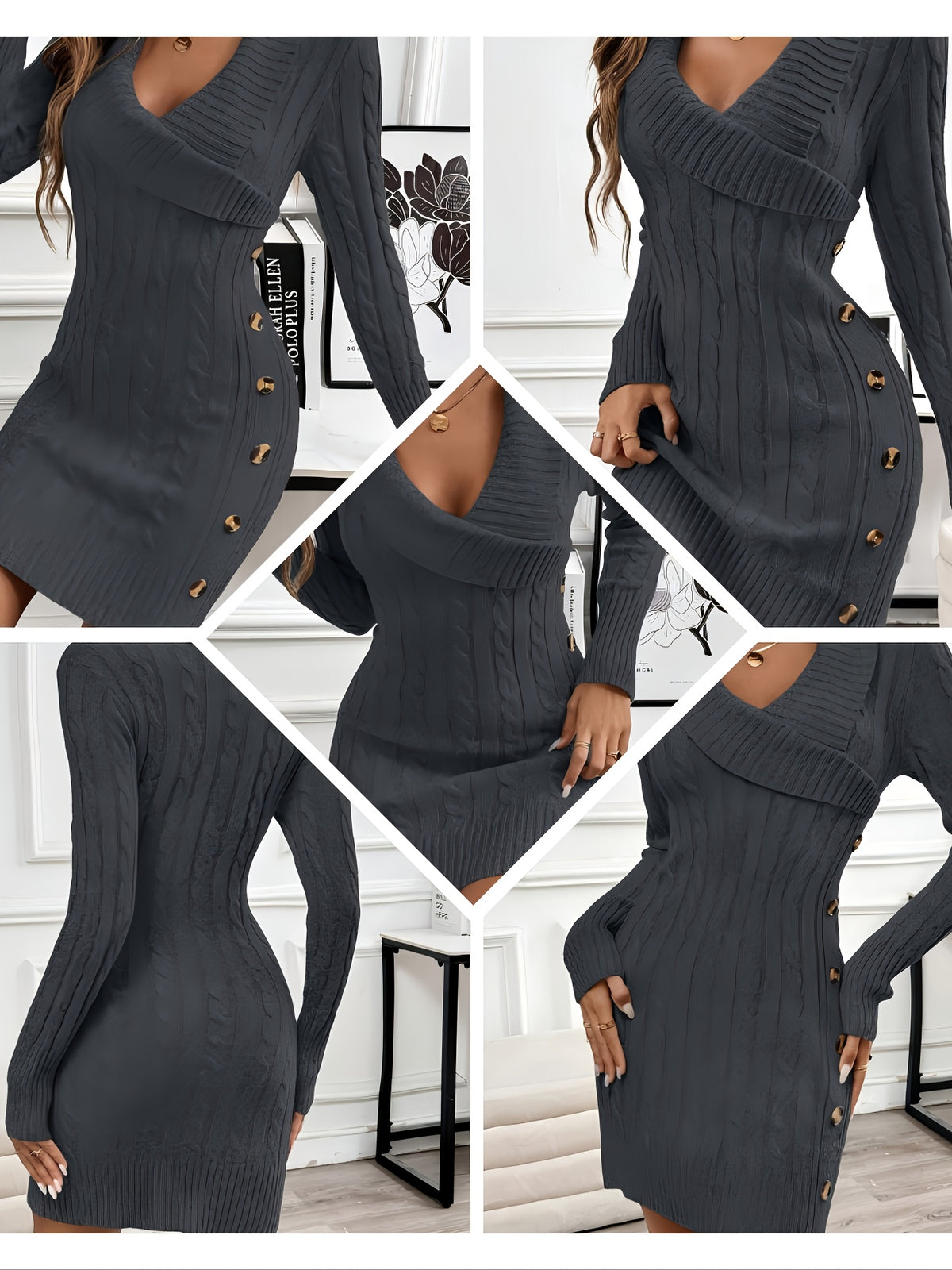 Cable Knit Shawl Collar Sweater Dress