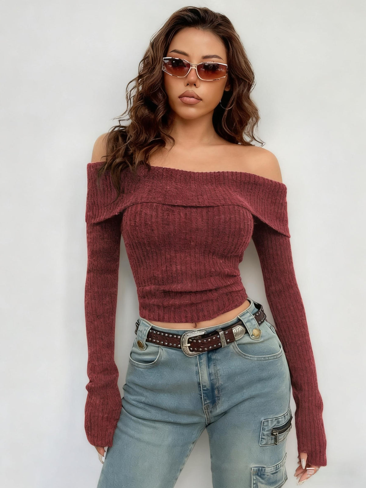 Off Shoulder Fold Over Ribbed Crop Top