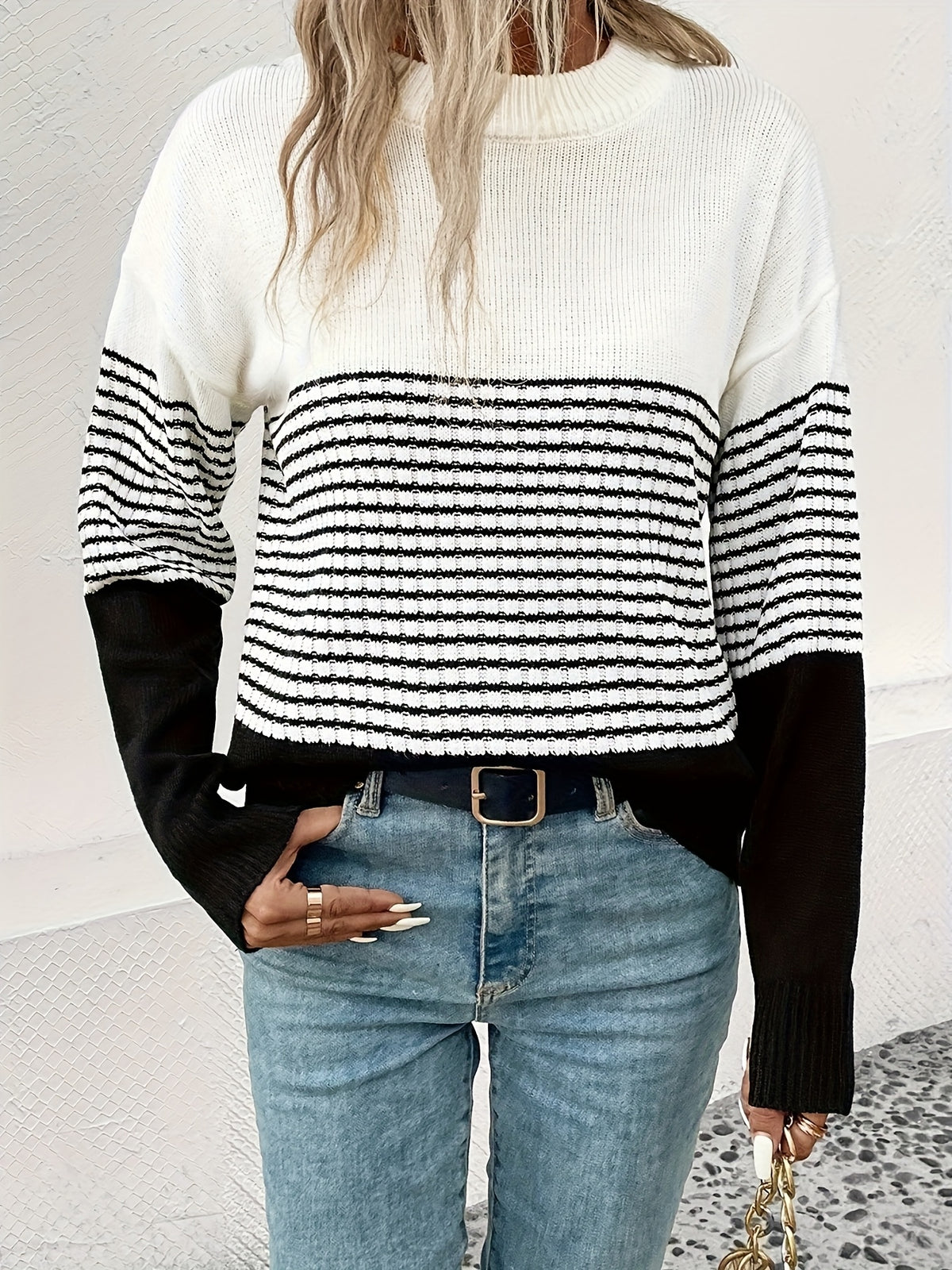 Colorblock Striped Crew Neck Sweater