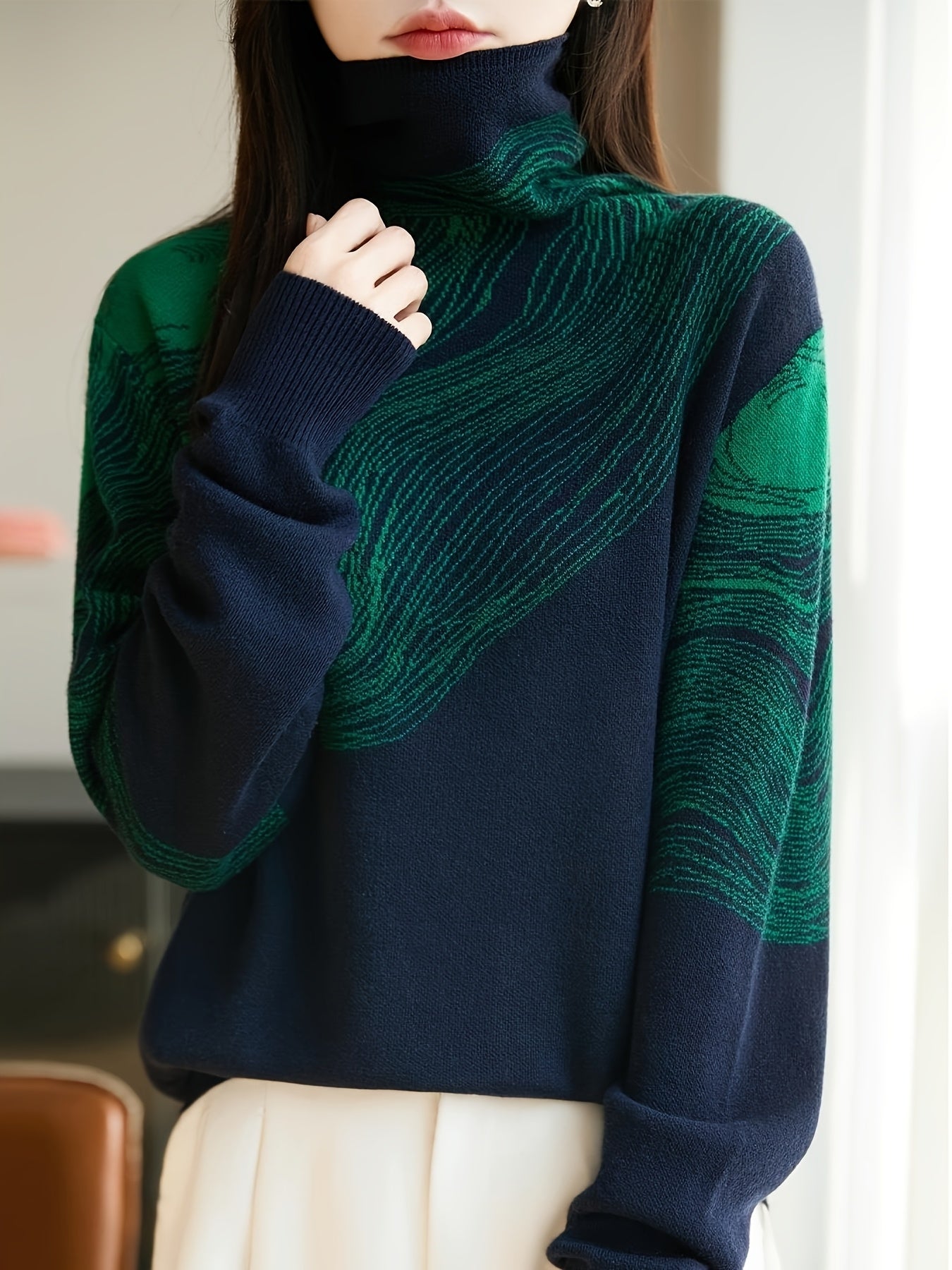 1pc Beautiful Women's Sweater, Autumn/winter High-neck Thick-style Color-blocked Jacquard Long-sleeve Garment, New Casual Elegant Women's Clothing, Elegant Party Women's Wear, New Stylish Top