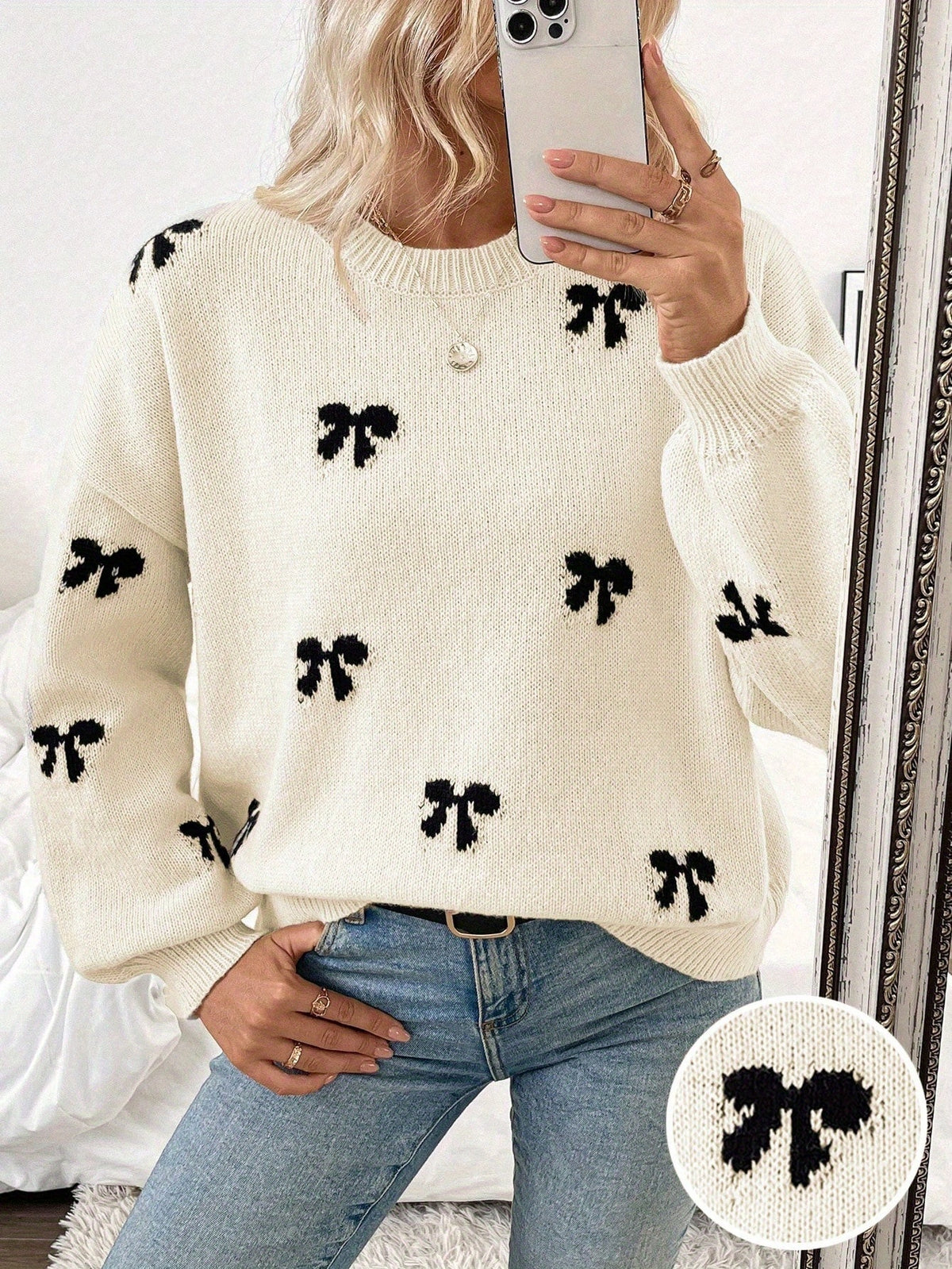 Bow Pattern Crew Neck Sweater