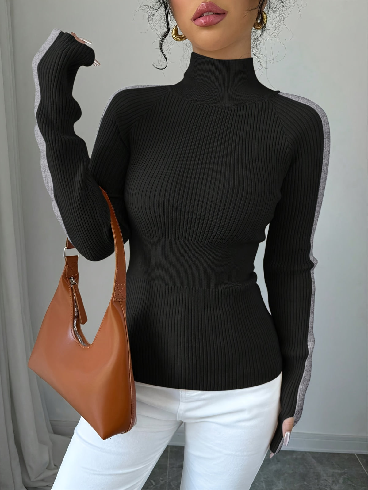 Colorblock Ribbed Mock Neck Sweater