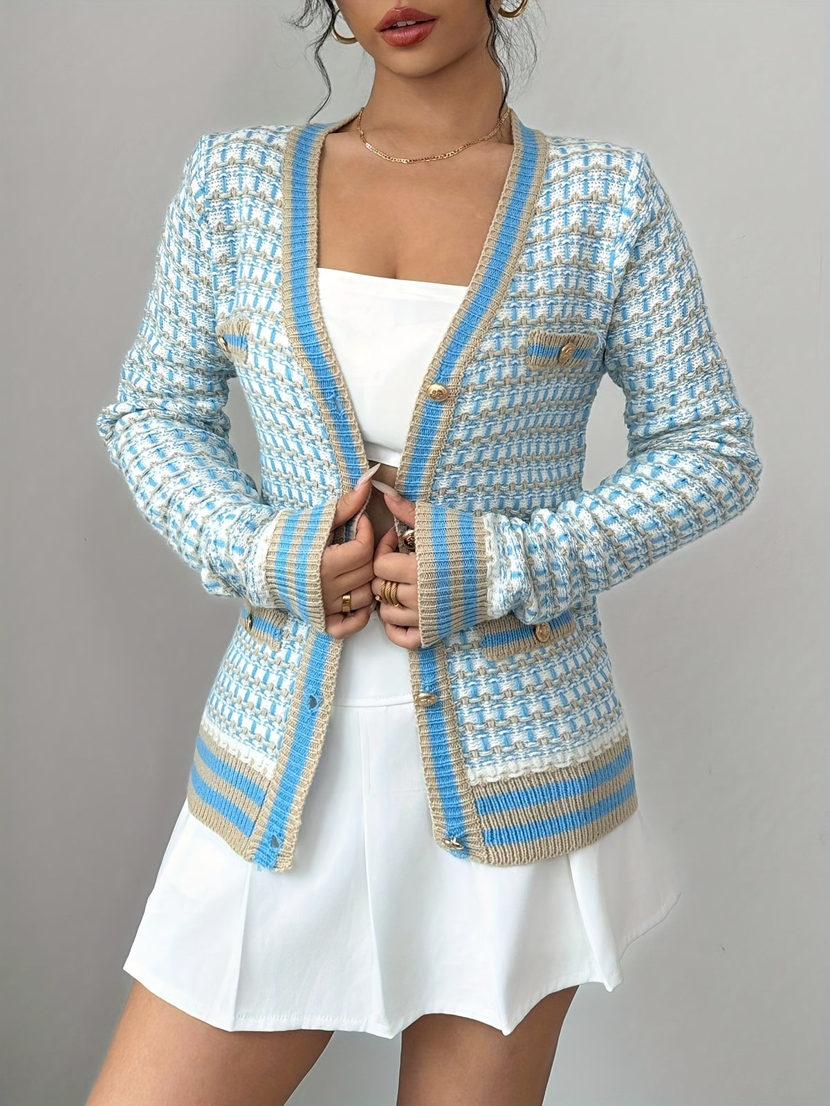 Contrast Trim Textured Knit Cardigan