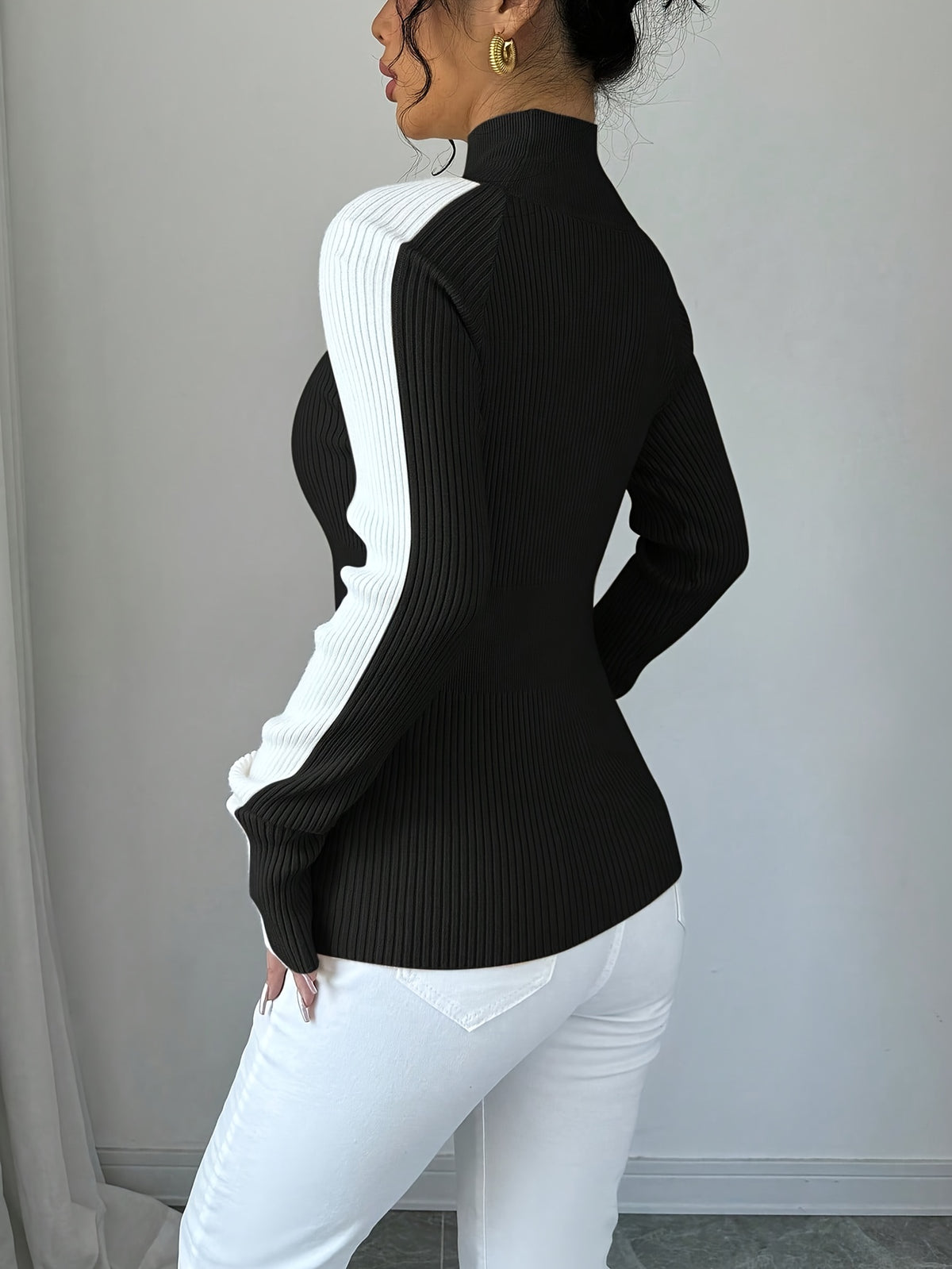 Colorblock Ribbed Mock Neck Sweater