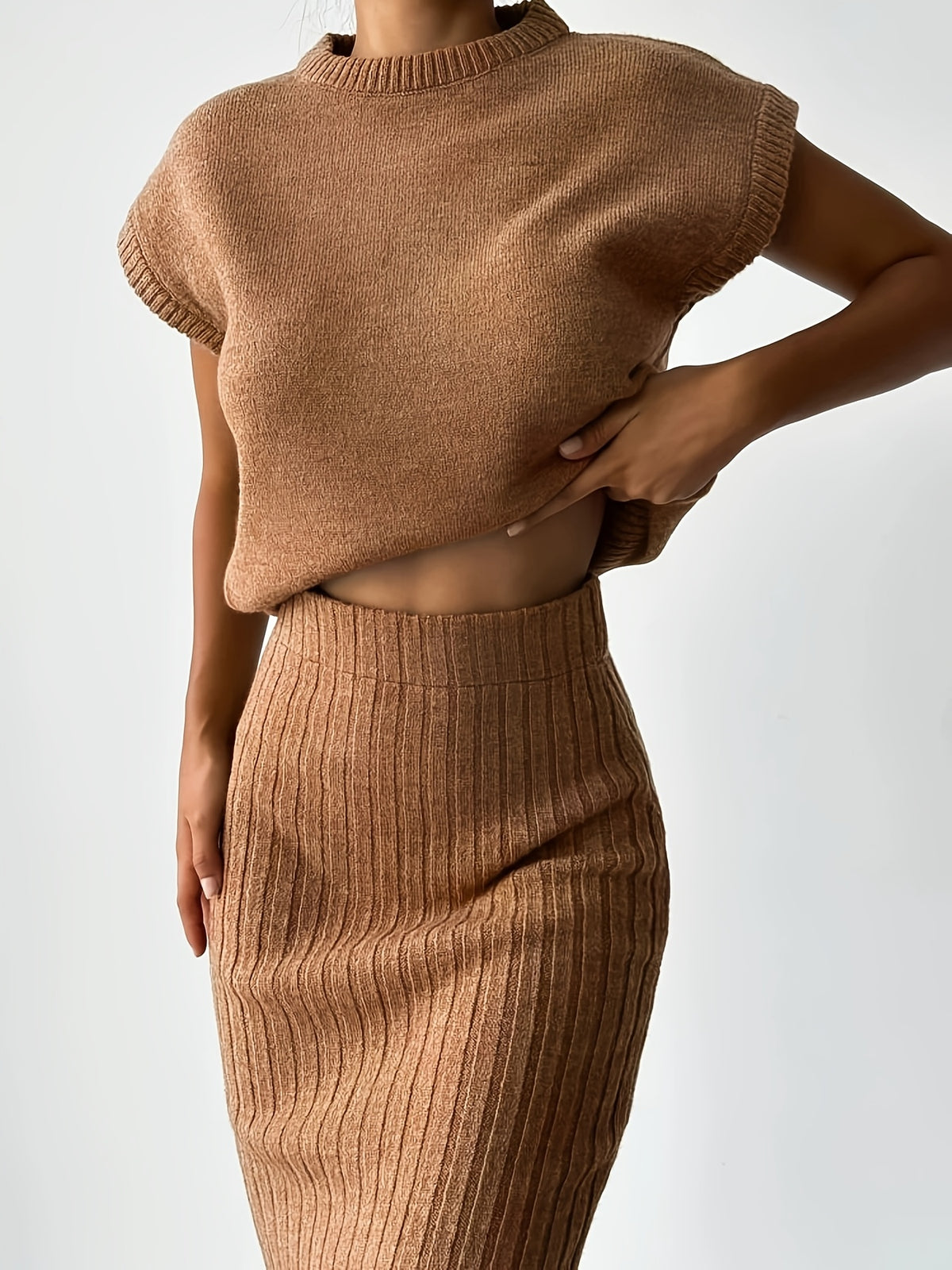 Ribbed Cap Sleeve Top & Midi Skirt Set
