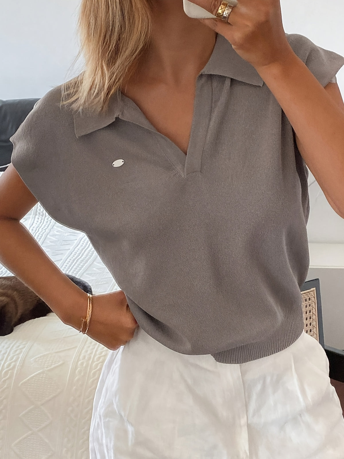 Polo Collar Short Sleeve Knit Top - JOYSONS