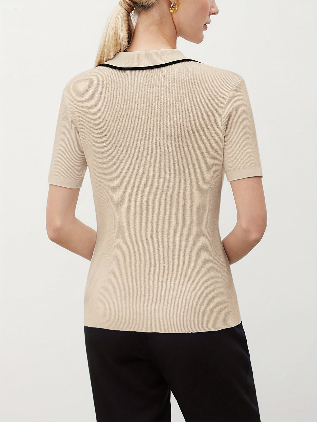Contrast Trim Polo Collar Knit Top