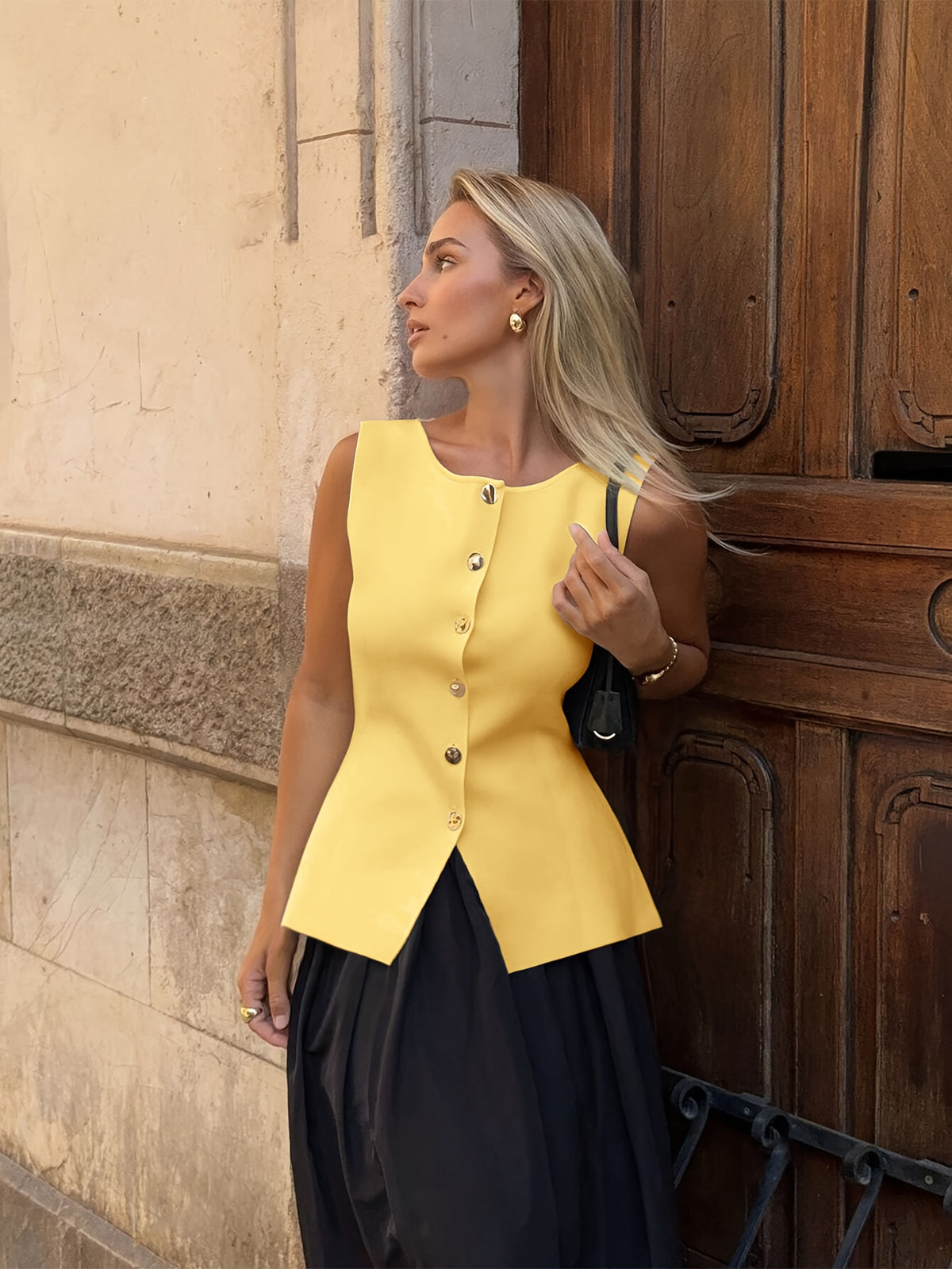 Gold Button Sleeveless Knit Top