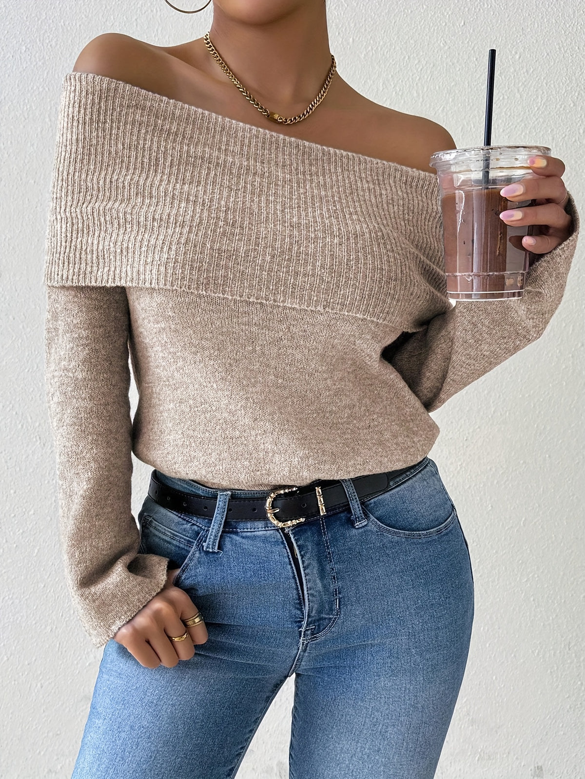 Foldover Off Shoulder Bell Sleeve Sweater