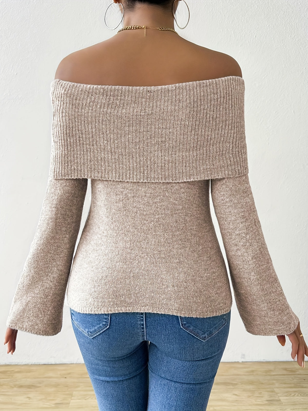 Foldover Off Shoulder Bell Sleeve Sweater