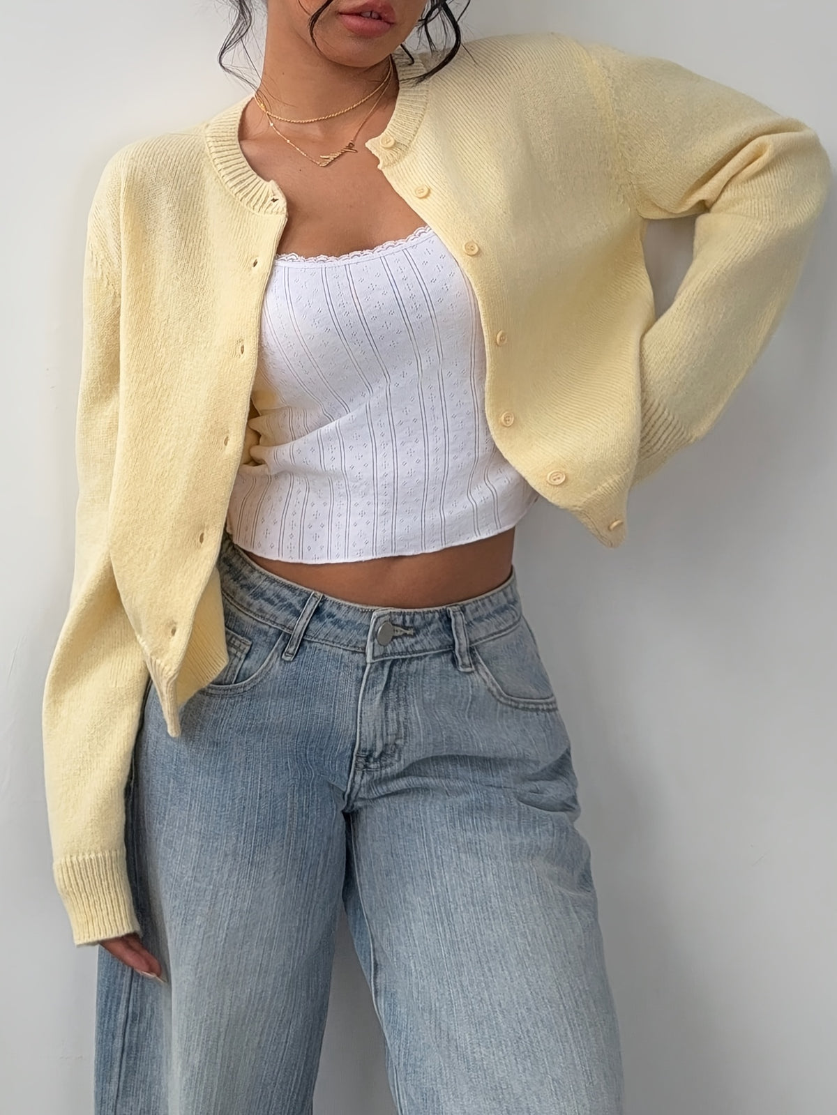 Pale Yellow Crew Neck Cardigan