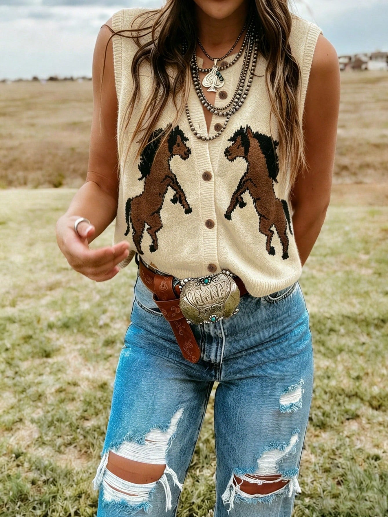 Horse Motif Button Knit Vest