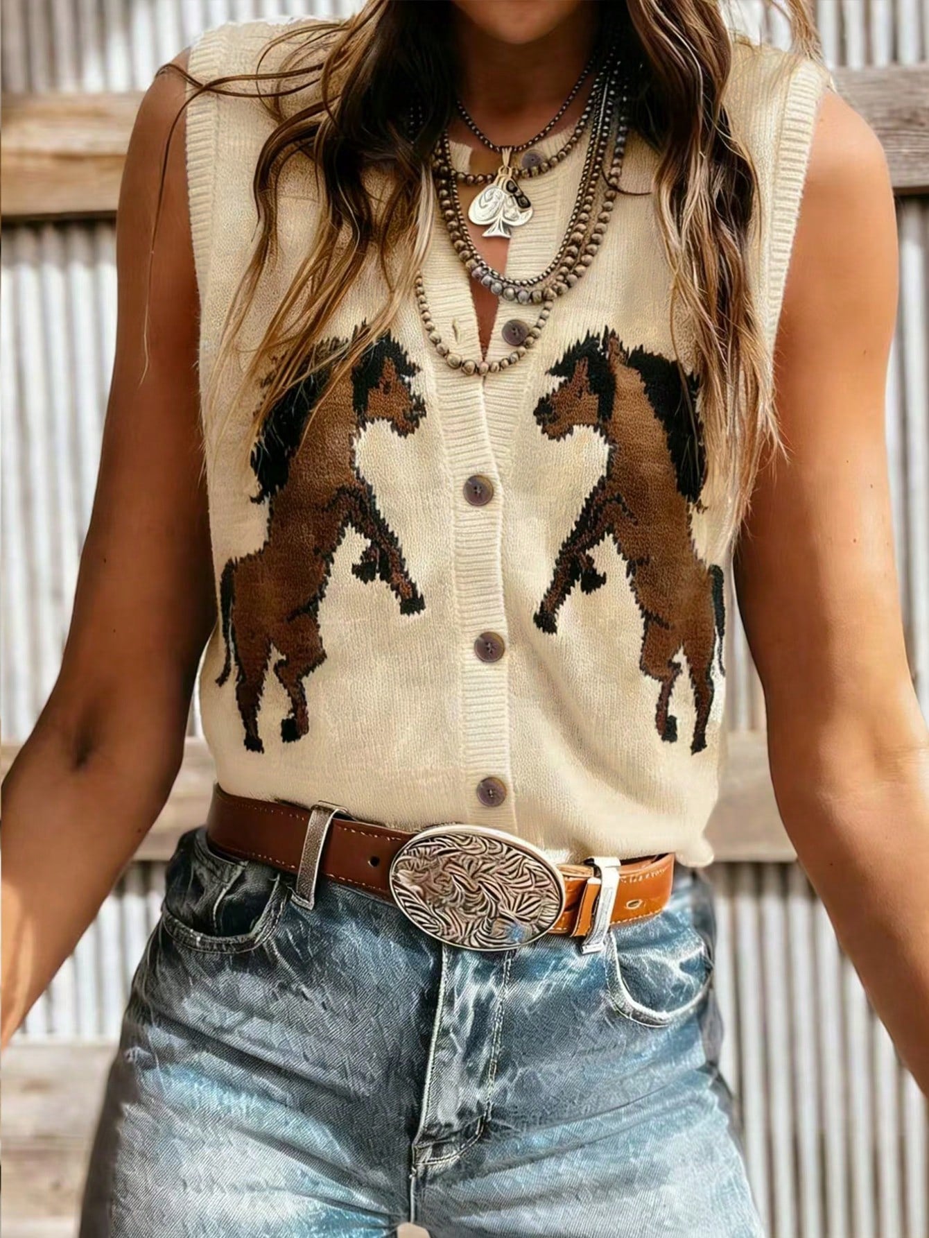 Horse Motif Button Knit Vest