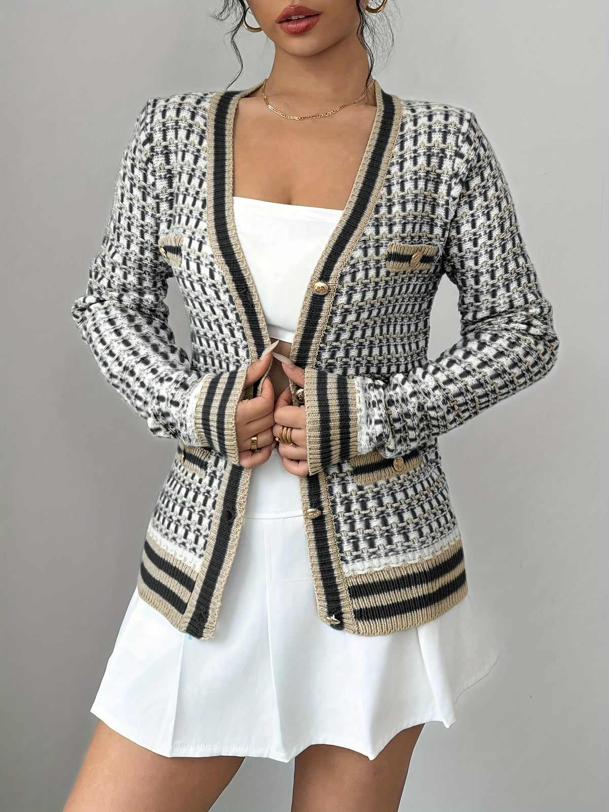 Contrast Trim Textured Knit Cardigan