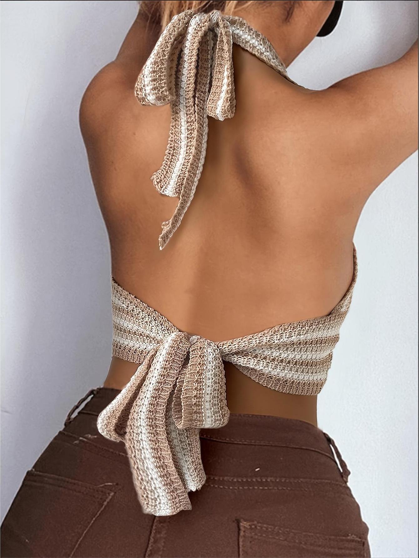 JOYSONS striped cross-front halter knit top