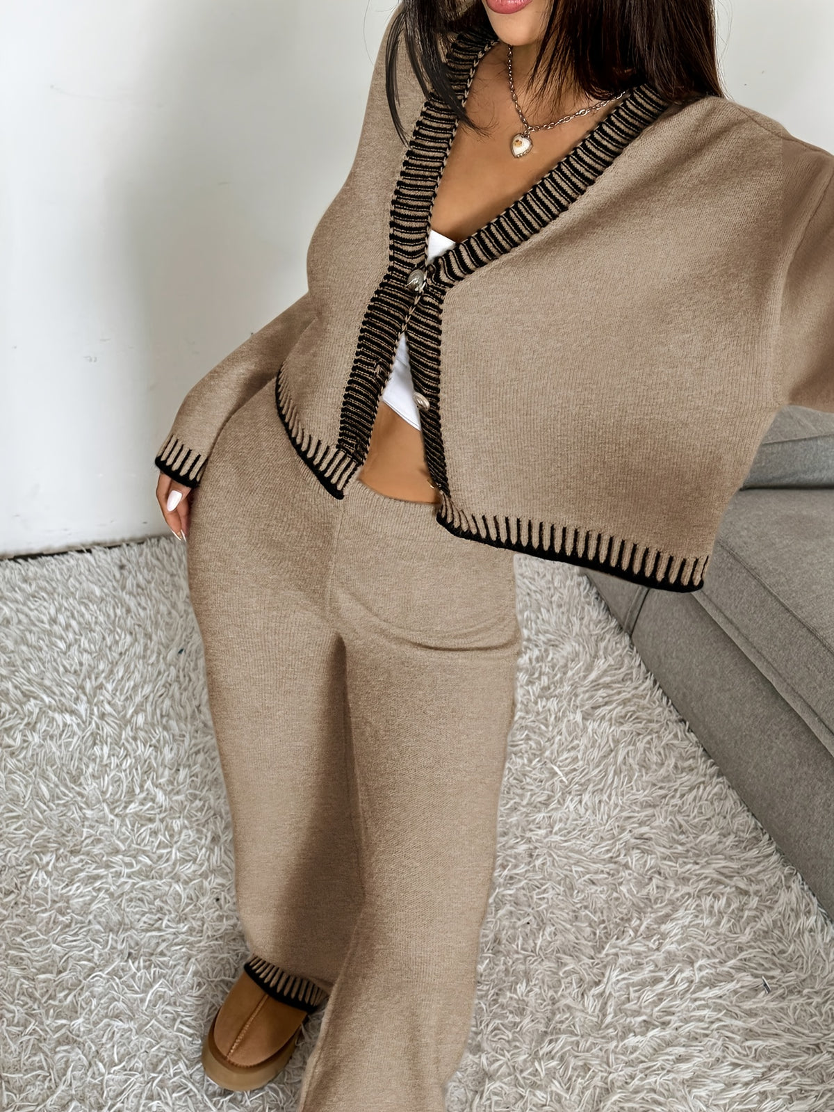 Stripe Trim Button Cardigan & Pant Set