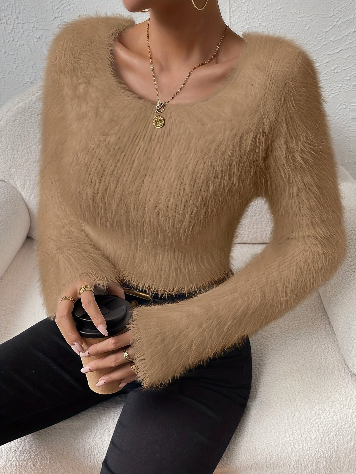 Fuzzy Cropped Round Neck Sweater