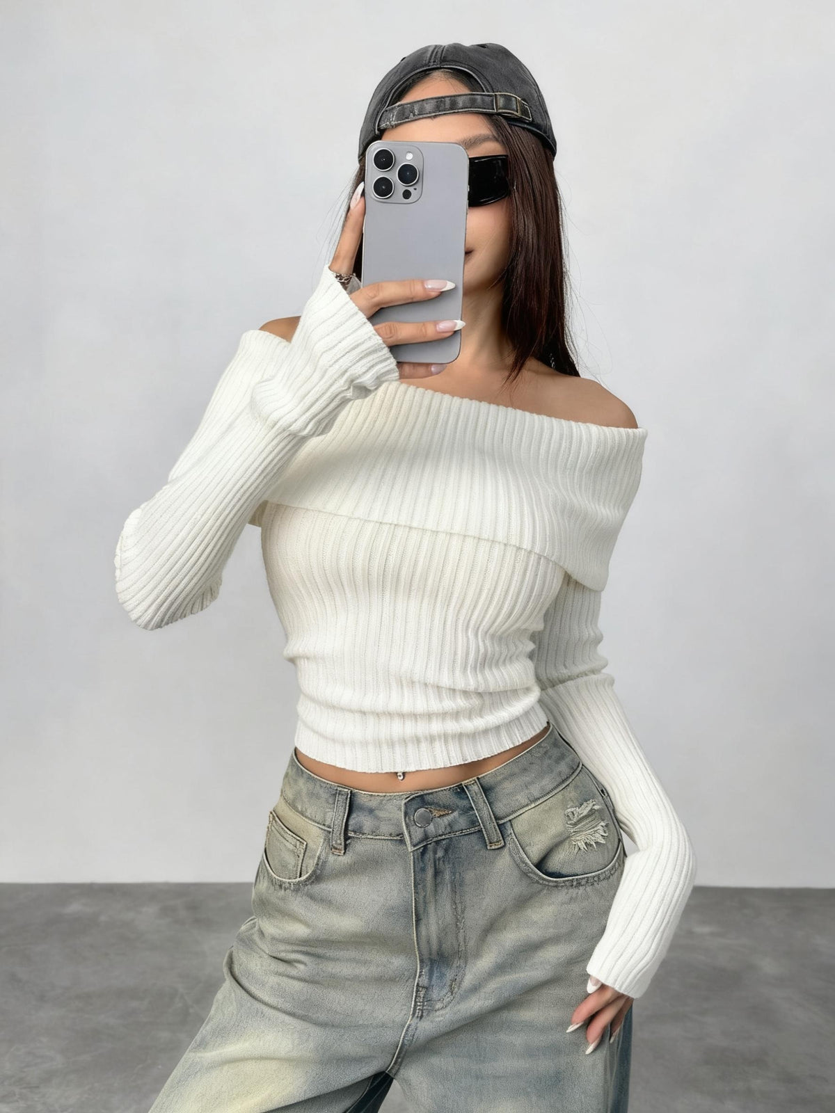 Off Shoulder Fold Over Ribbed Crop Top