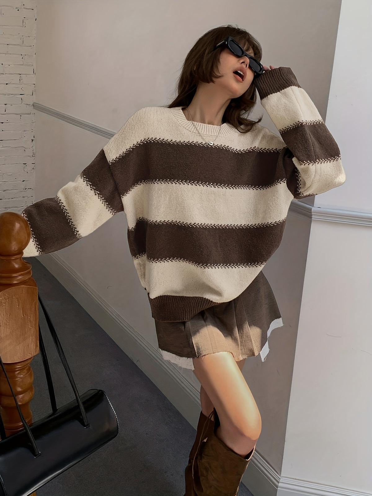 Wide Stripe Relaxed Crew Neck Sweater