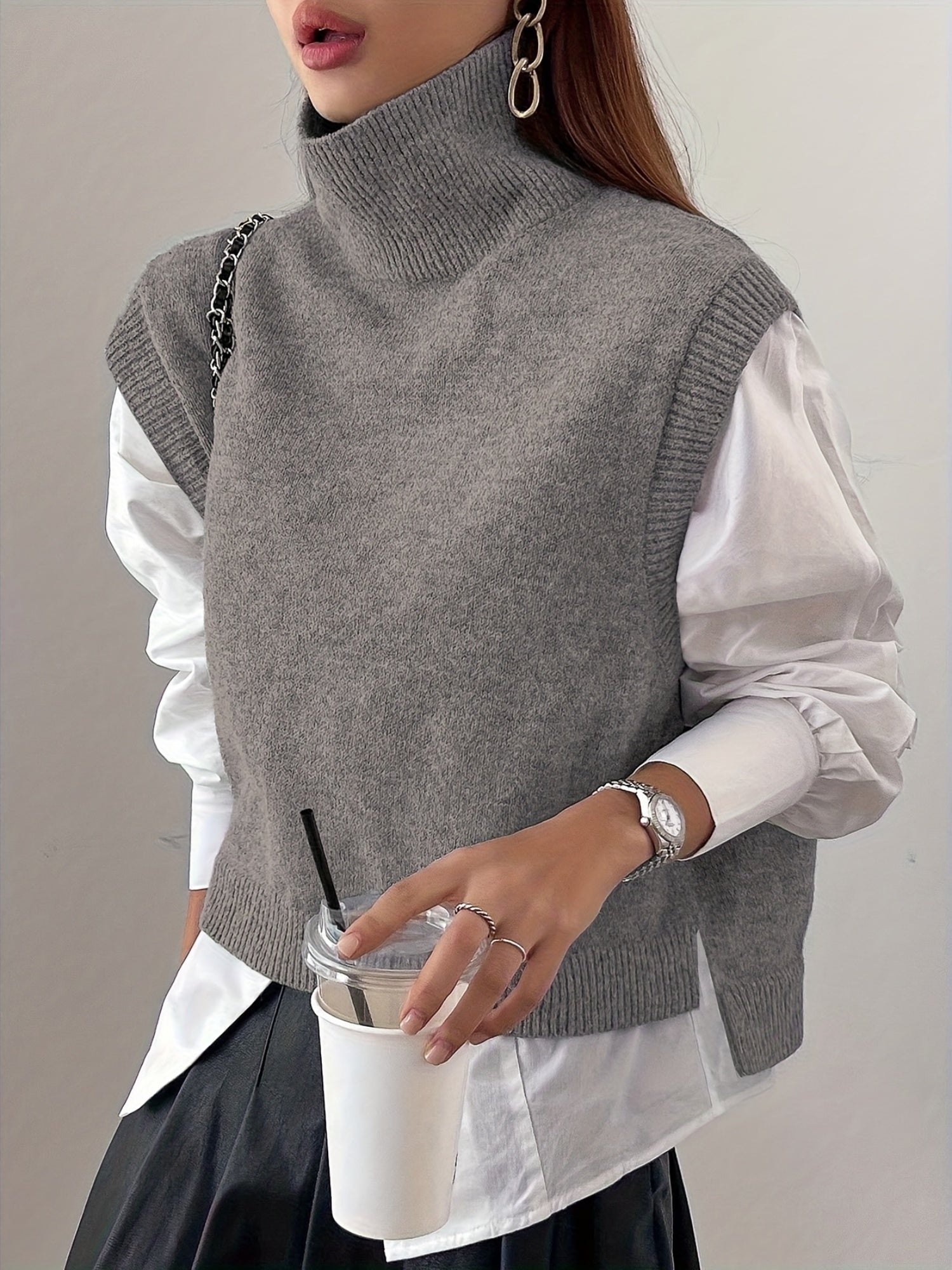 Mock Neck Side Slit Knit Vest