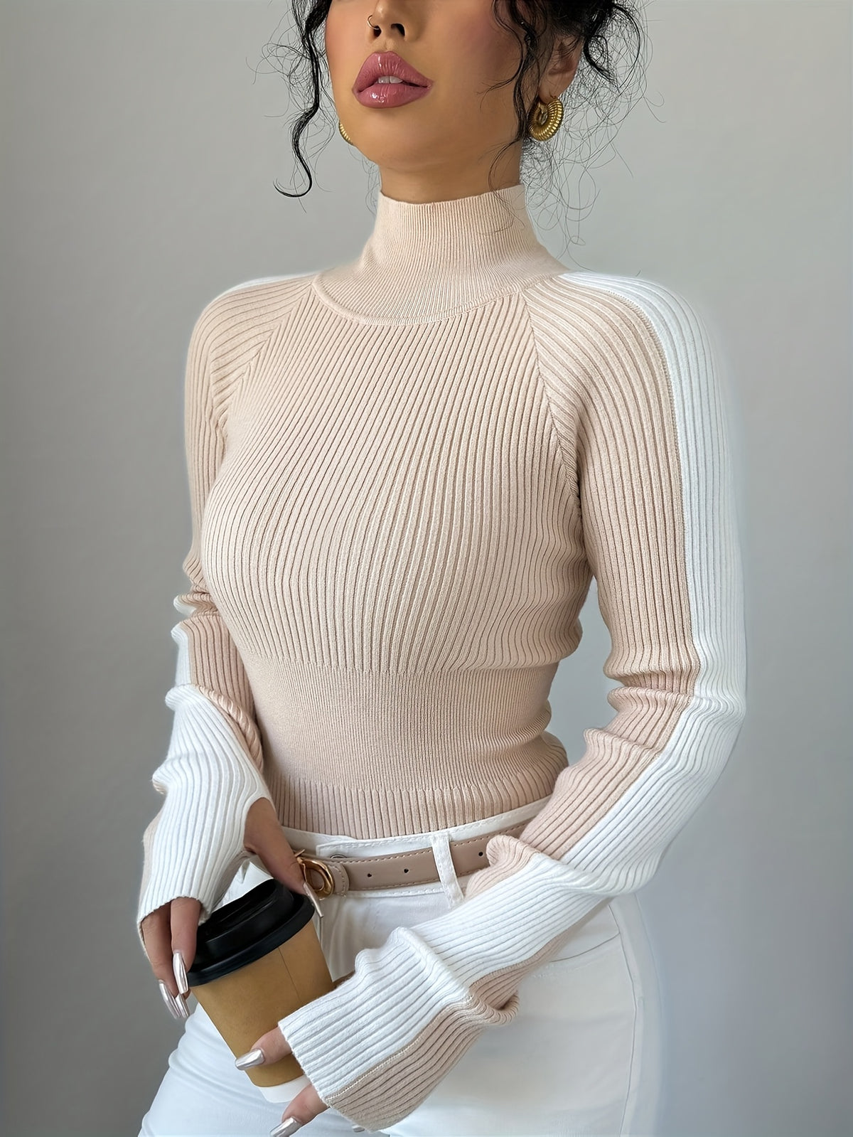 Colorblock Ribbed Mock Neck Sweater