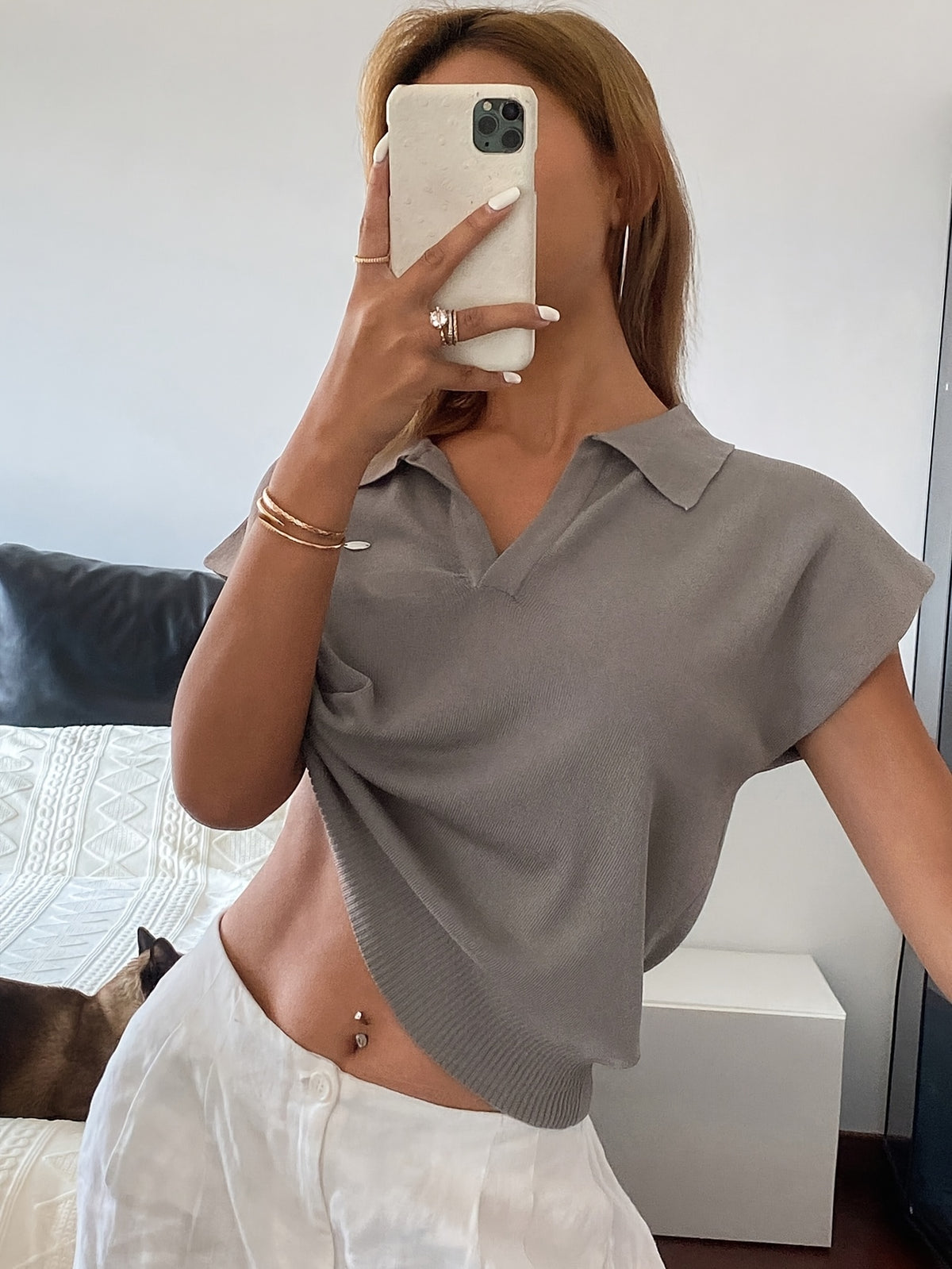 Polo Collar Short Sleeve Knit Top - JOYSONS