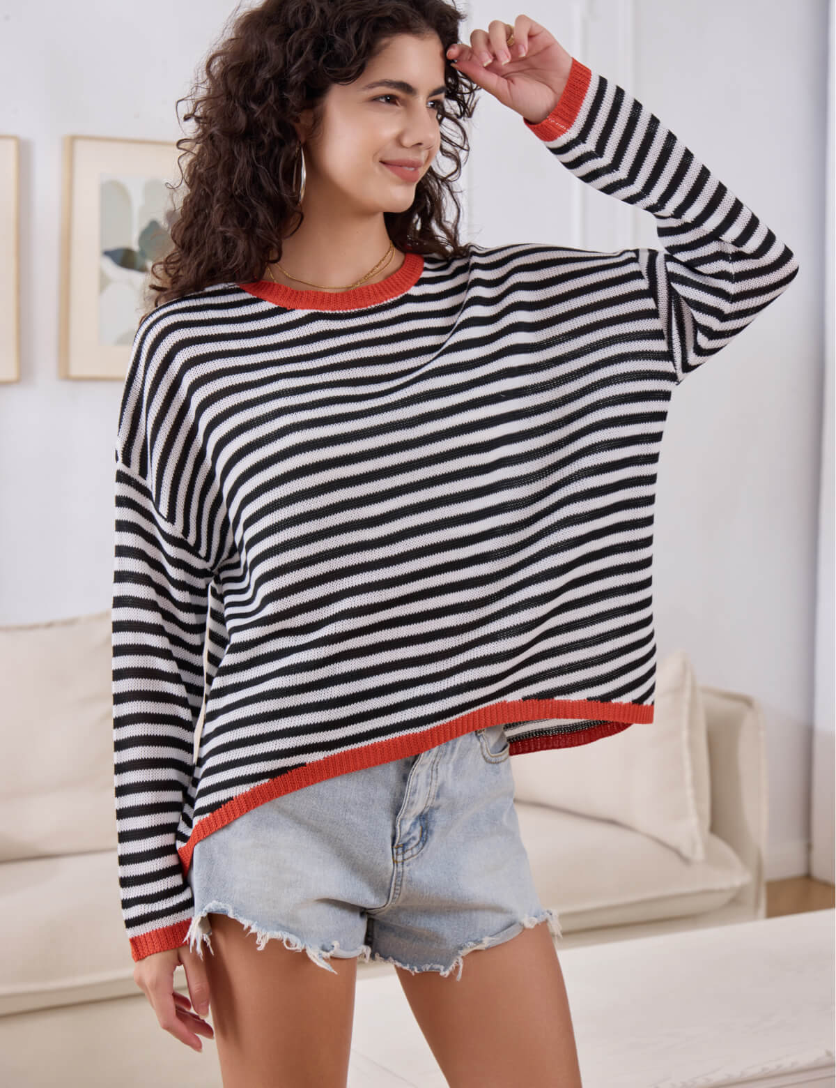JOYSONS striped long sleeve crew neck sweater