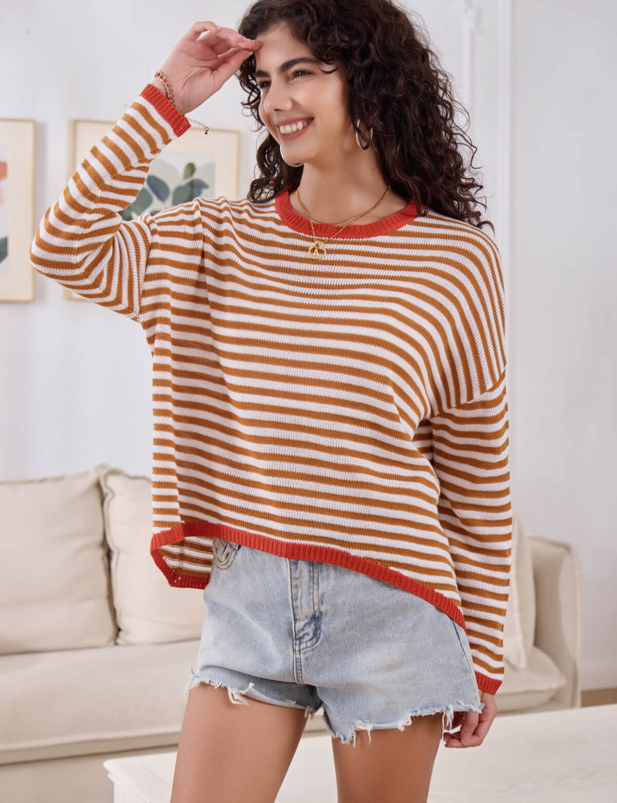 JOYSONS striped long sleeve crew neck sweater