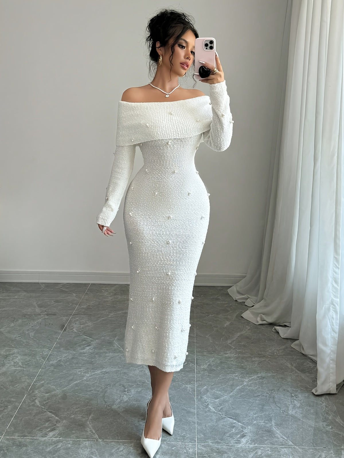 Pearl Embellished Off Shoulder Midi Dress