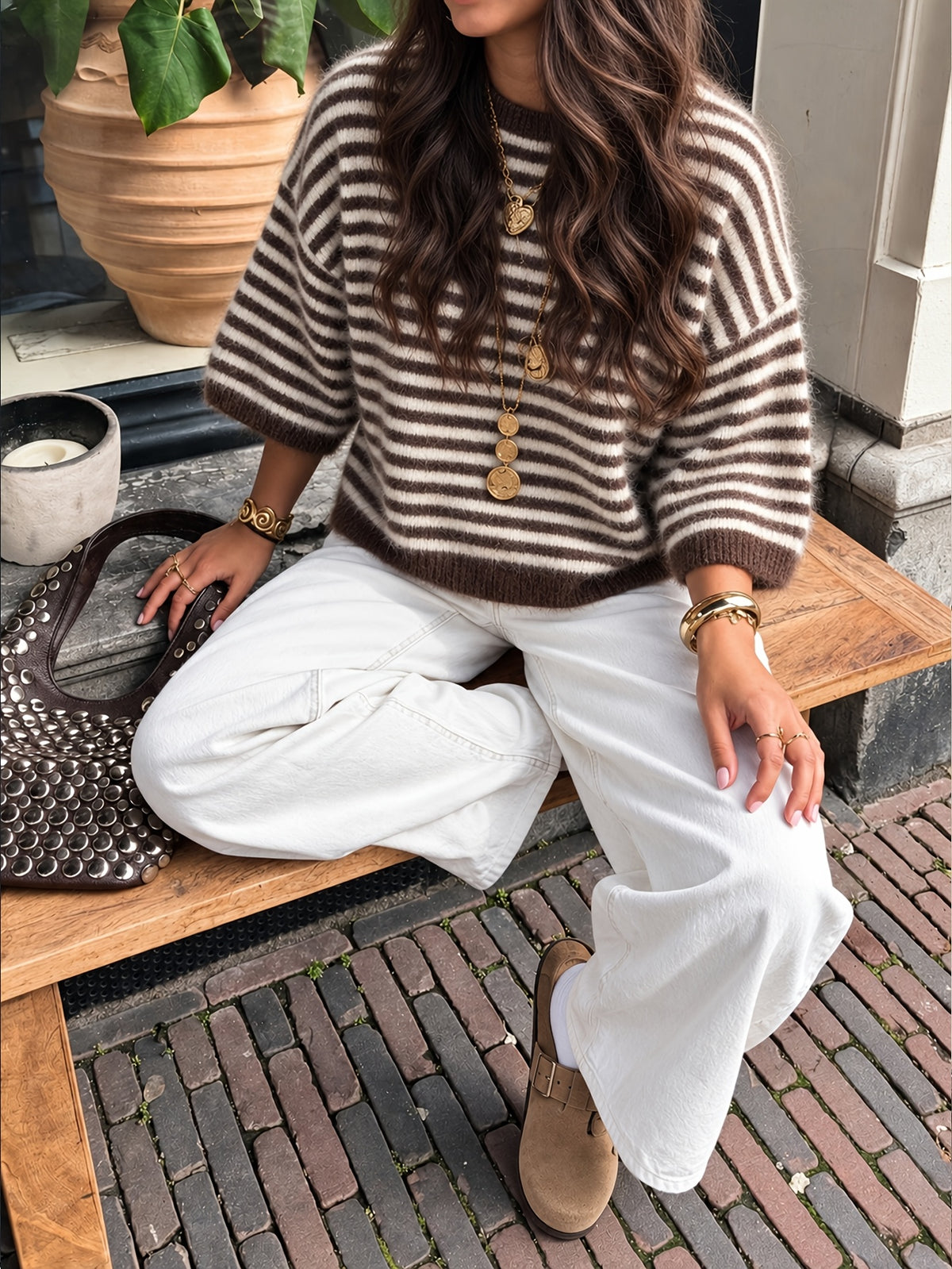 Striped Three Quarter Sleeve Sweater