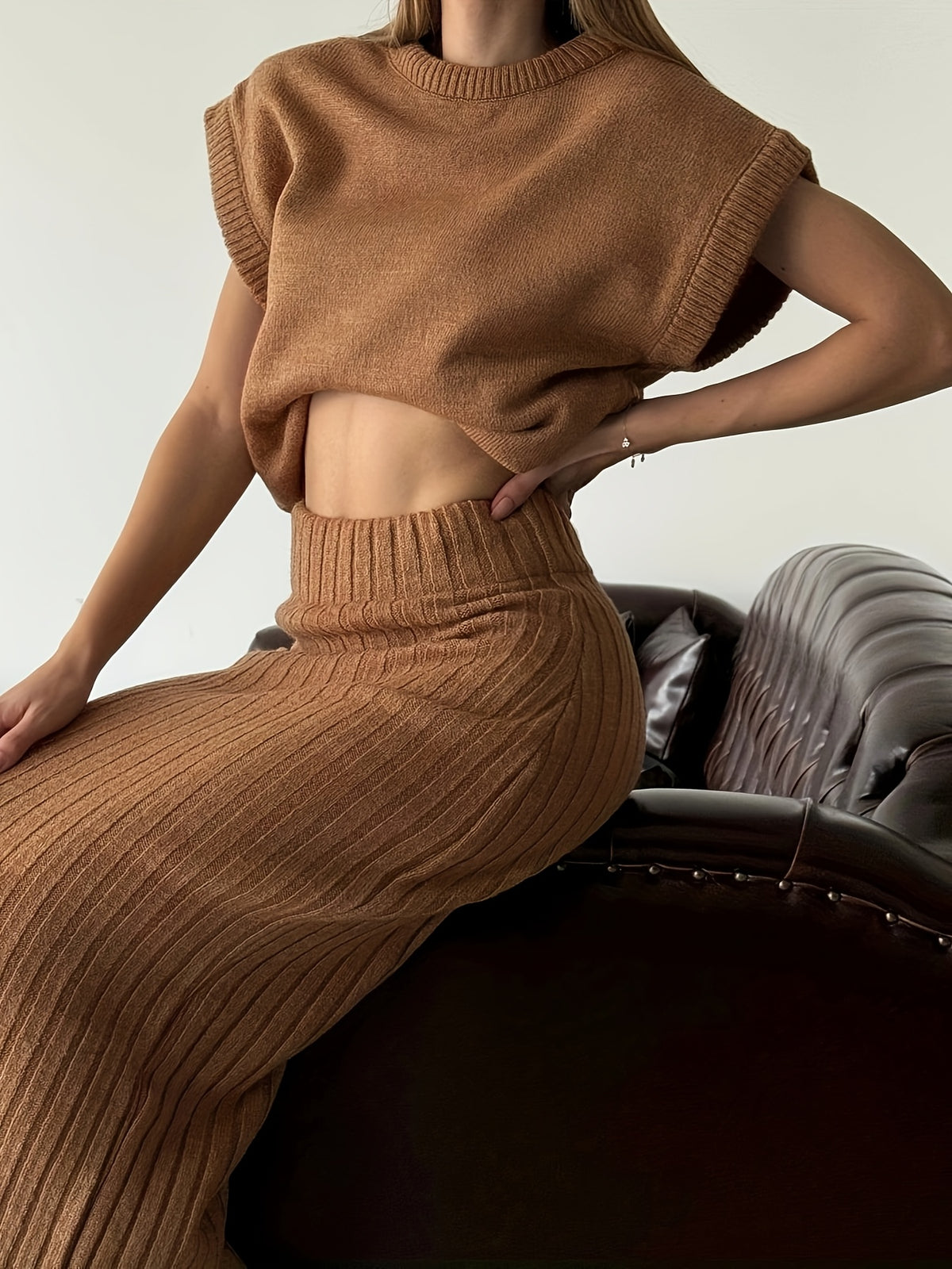 Ribbed Cap Sleeve Top & Midi Skirt Set