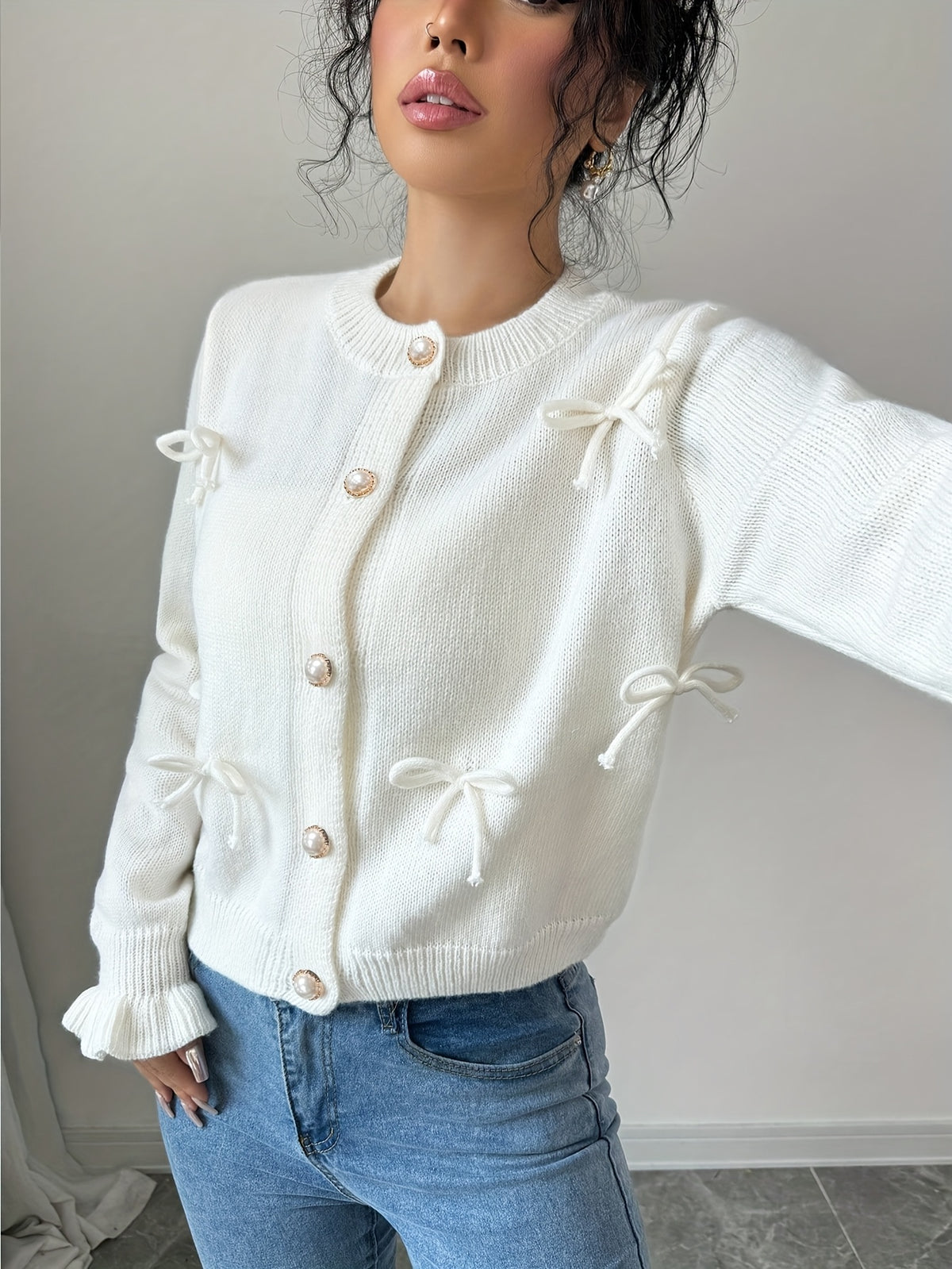 Bow Detail Pearl Button Cardigan