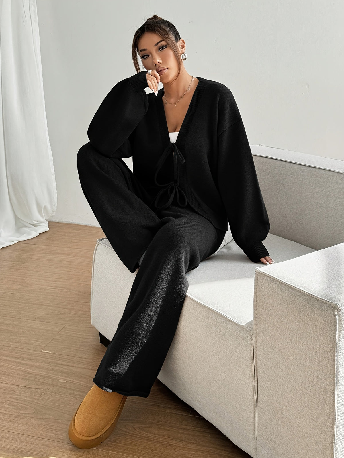 Tie Front Cardigan & Wide Leg Pants Set