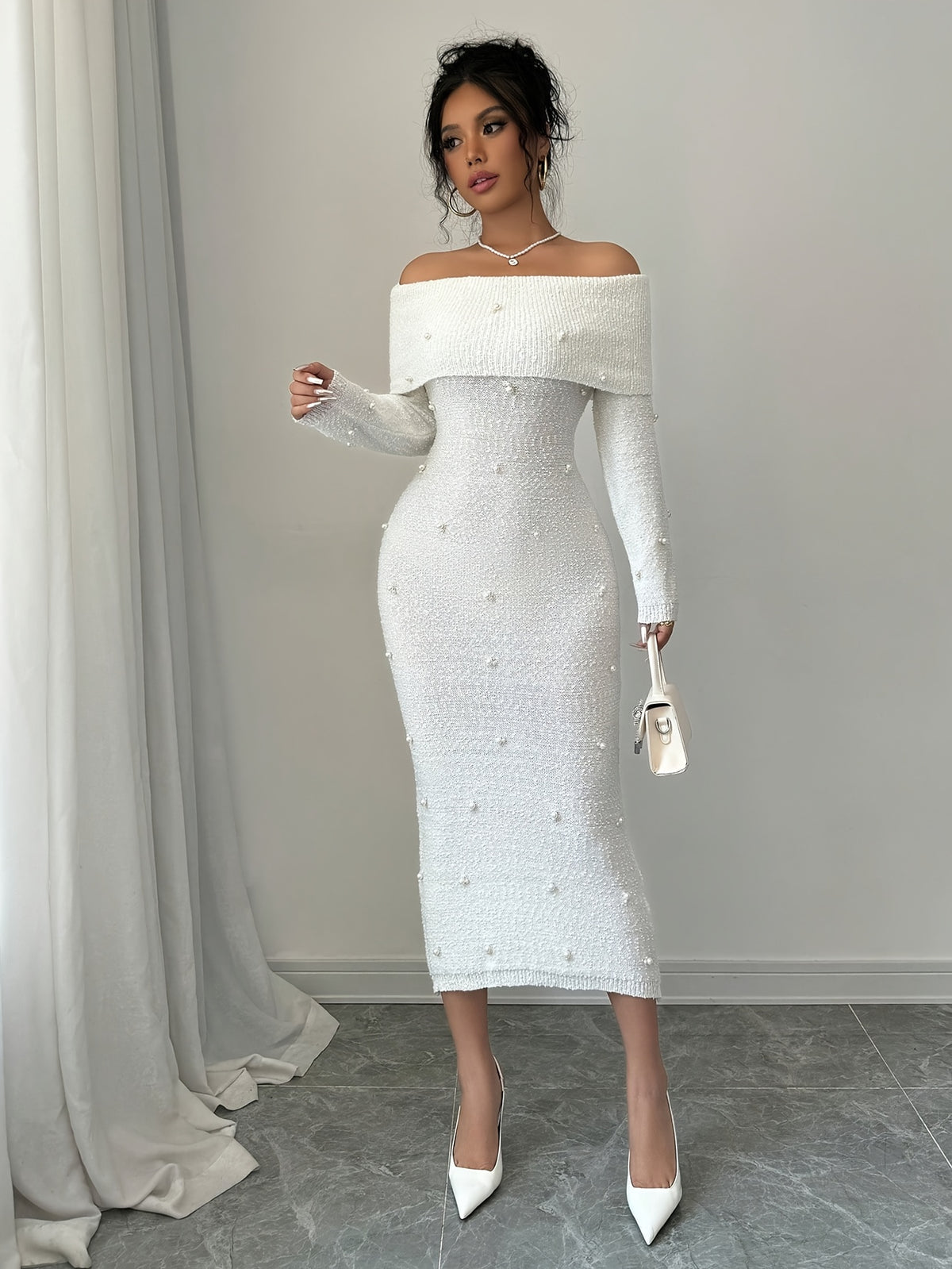 Pearl Embellished Off Shoulder Midi Dress