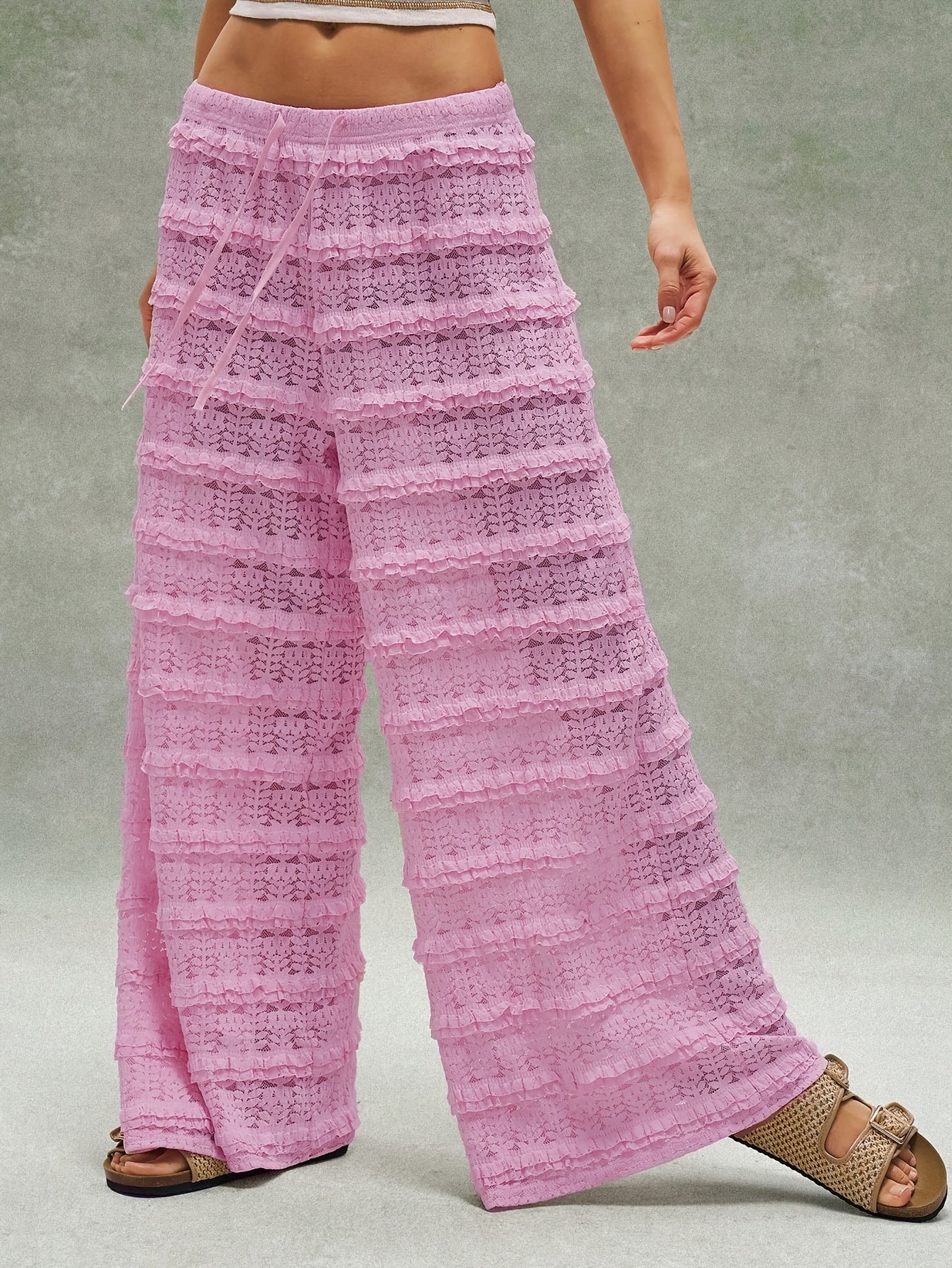 Single Pack 2026 Spring/Summer New Bohemian Style Drawstring Crochet Wide-Leg Pants for Women, Seaside Vacation Vibe Outfit, Multi-Layer Ruffle Hollow-Out Loose Long Pants 1150T-3