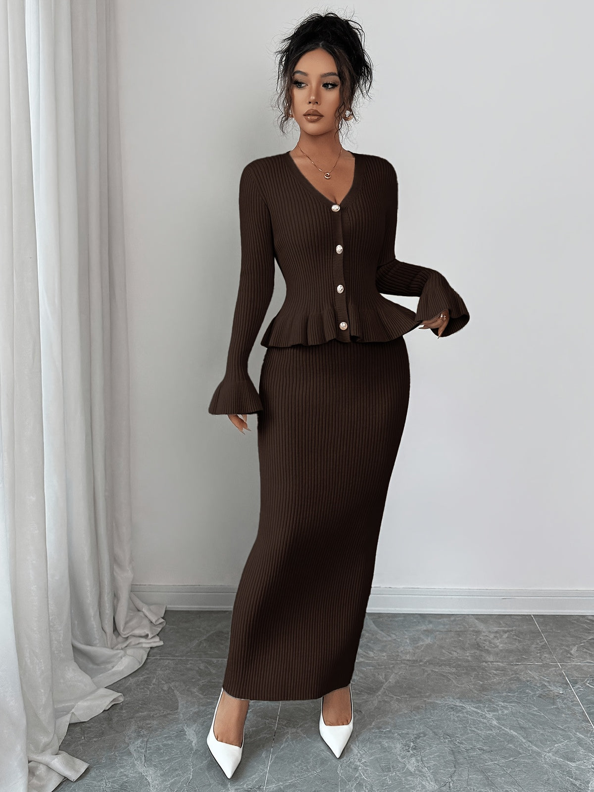 Ruffle Hem Cardigan & Maxi Skirt Set