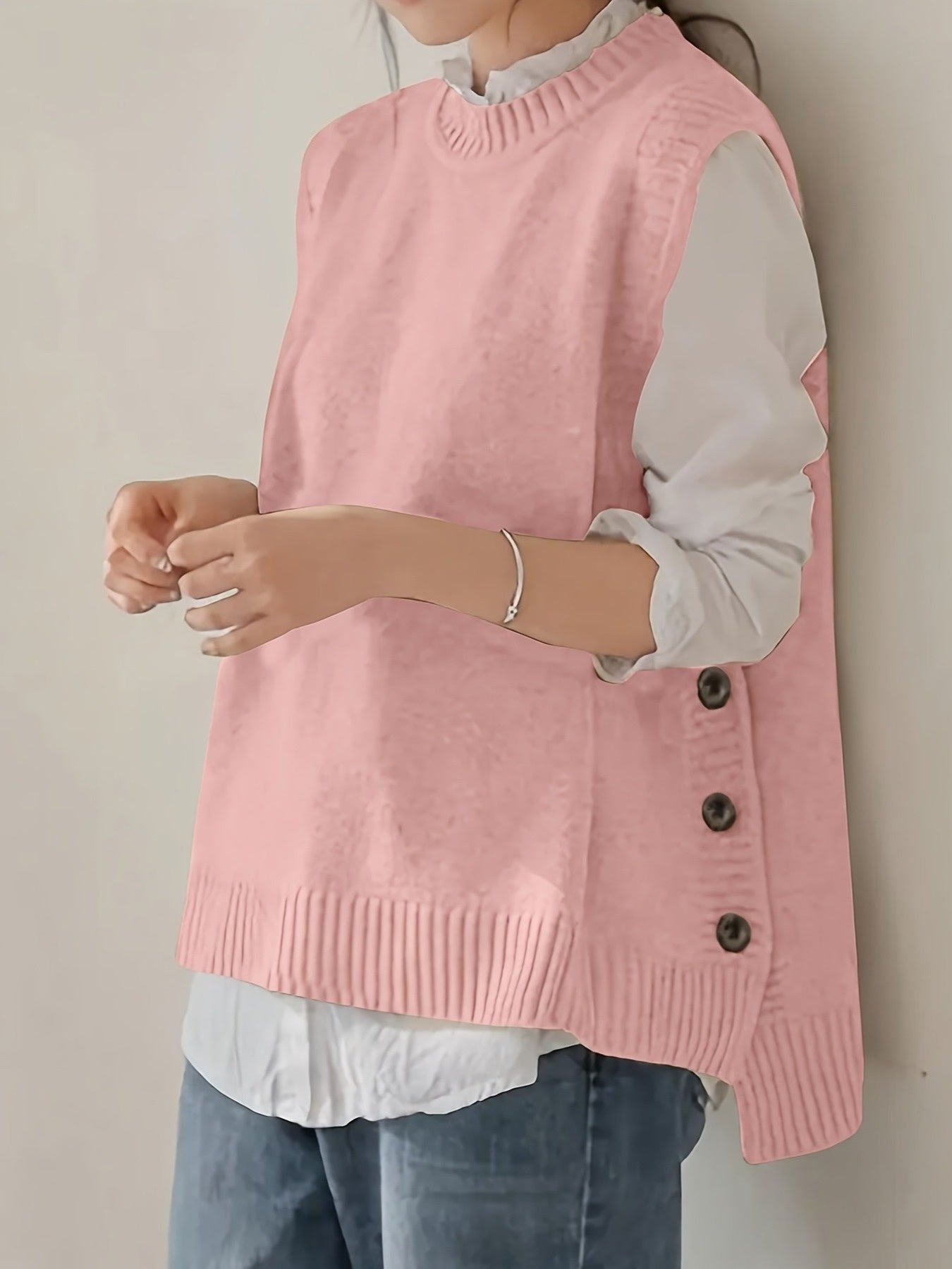 Side Button Crew Neck Knit Vest
