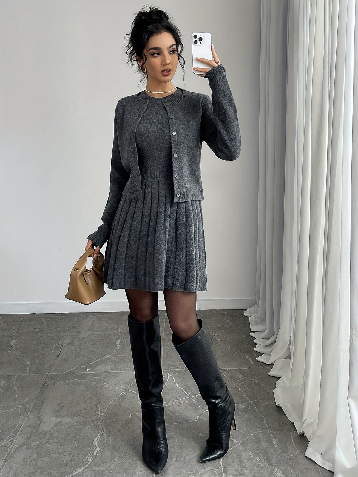 Cropped Cardigan & Pleated Knit Dress Set