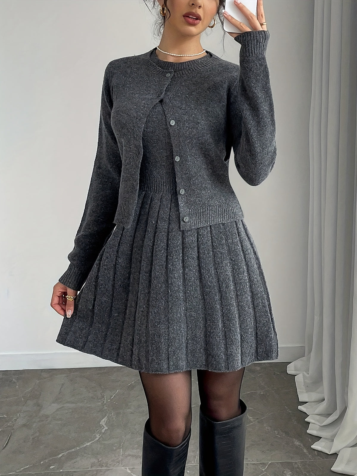 Cropped Cardigan & Pleated Knit Dress Set