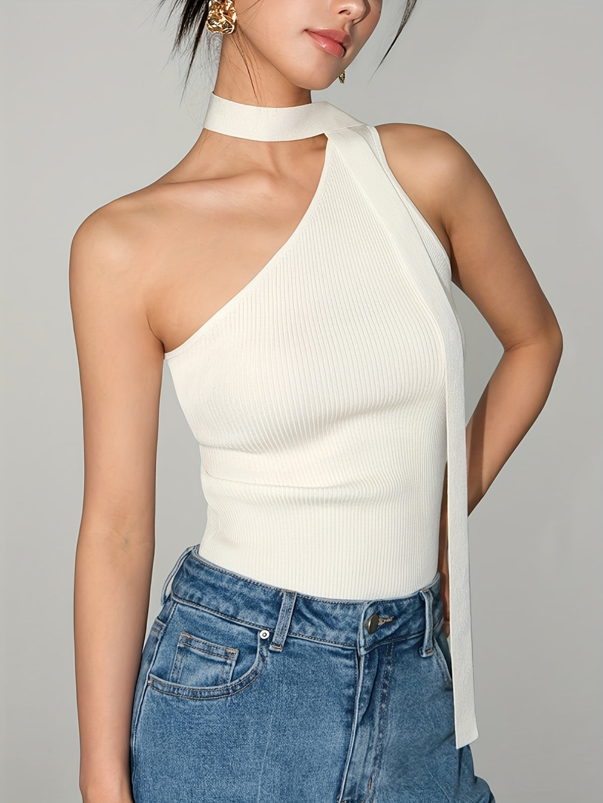 One Shoulder Scarf Neck Knit Top